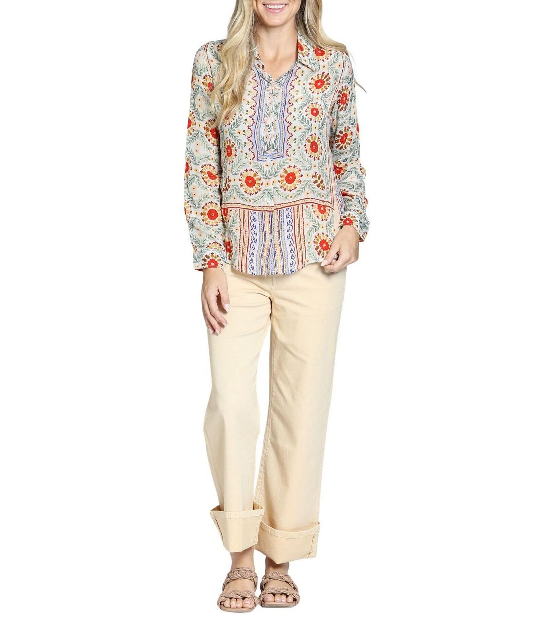 APNY Woven Printed Spread Collar Long Sleeve Blouse