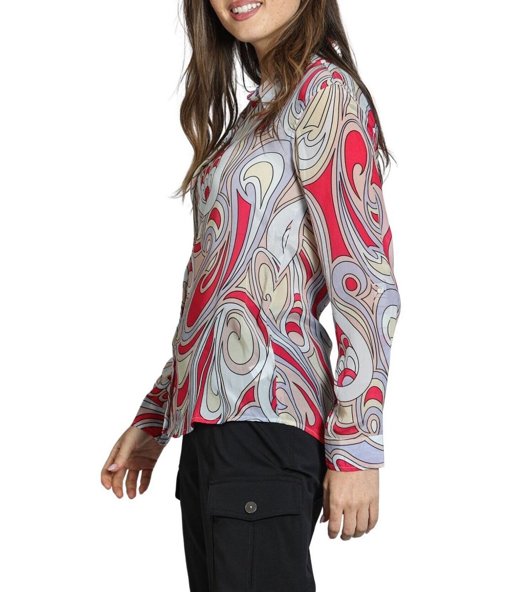 APNY Woven Printed Spread Collar Long Sleeve Button Down Shirt