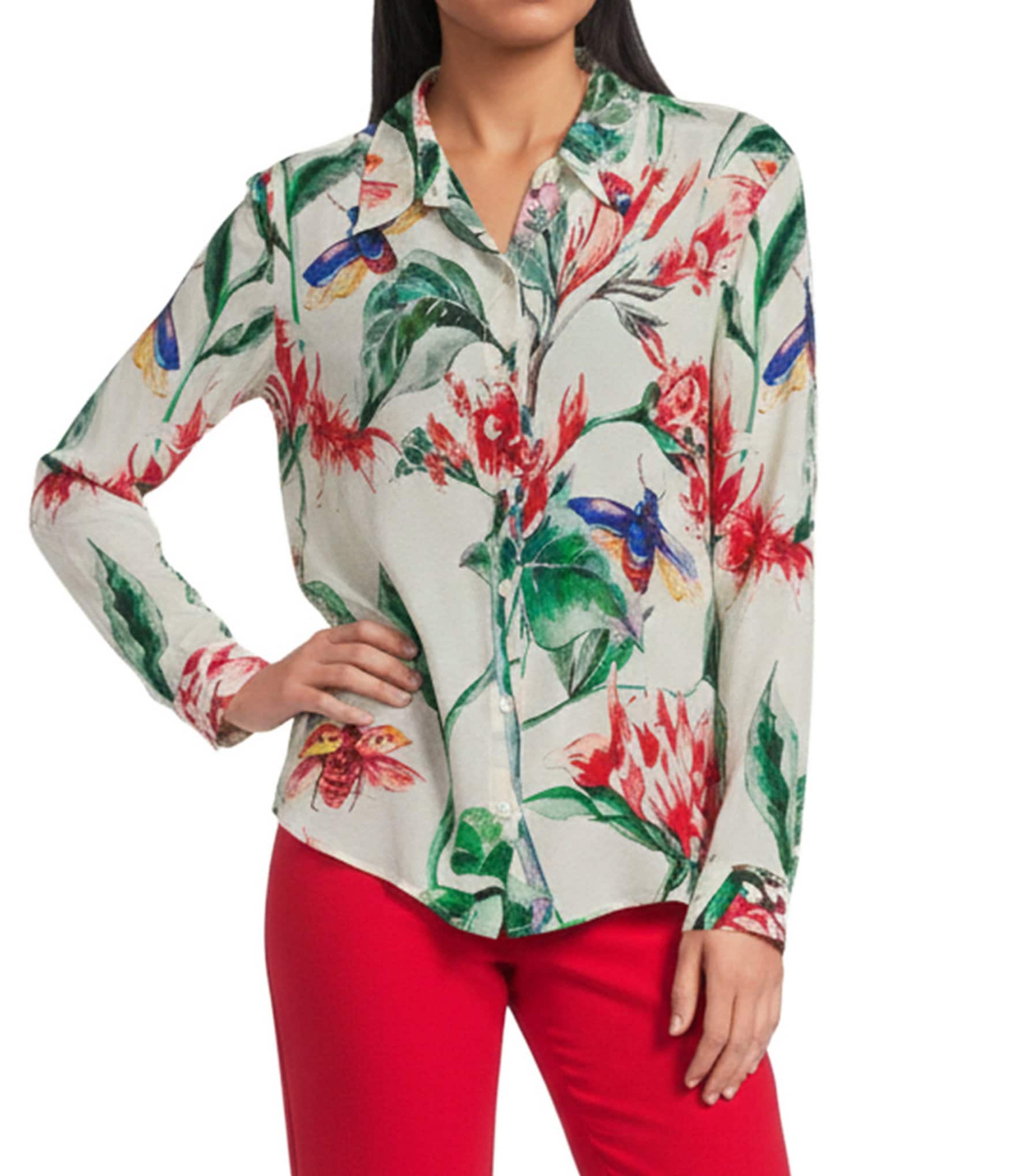 APNY Woven Printed Spread Collar Long Sleeve Button Down Shirt