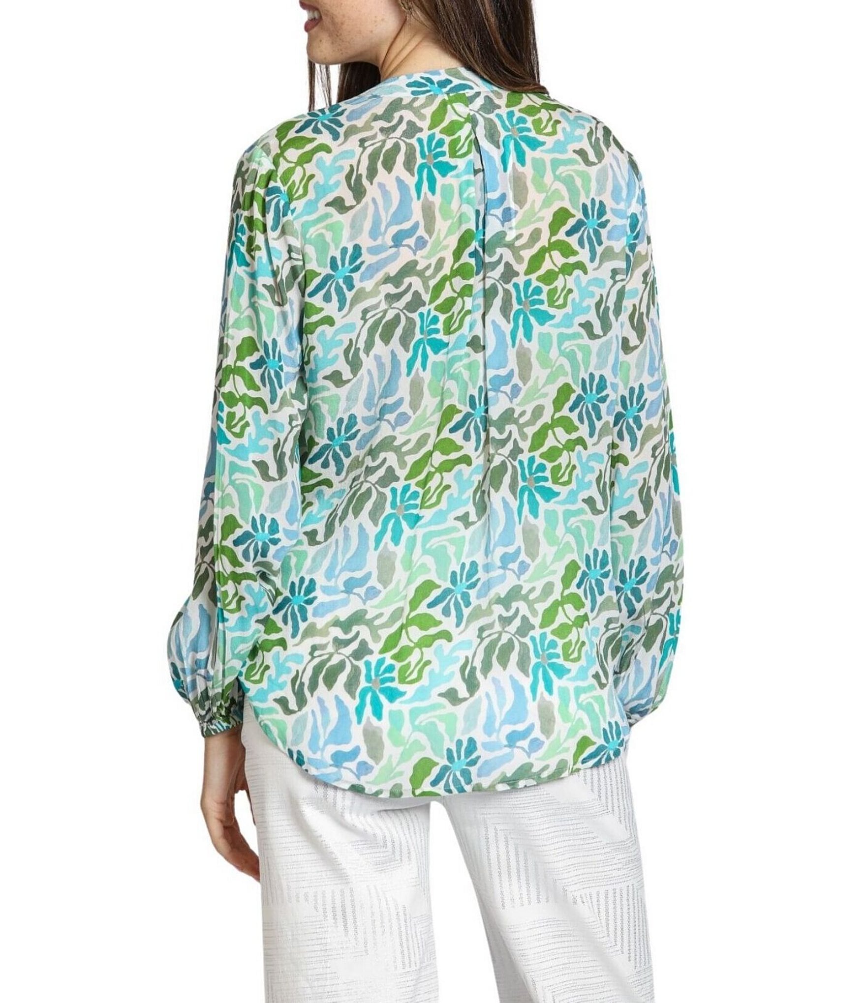 APNY Woven Printed Tassel V-Neck Long Sleeve Top