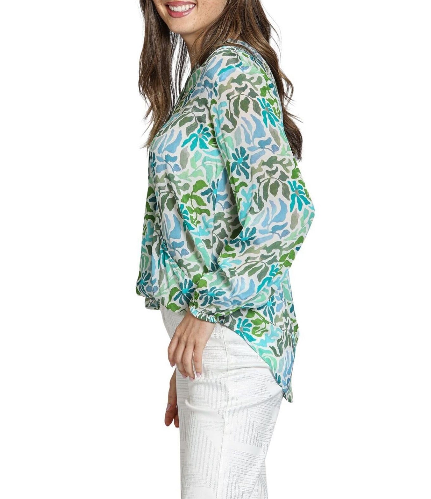 APNY Woven Printed Tassel V-Neck Long Sleeve Top