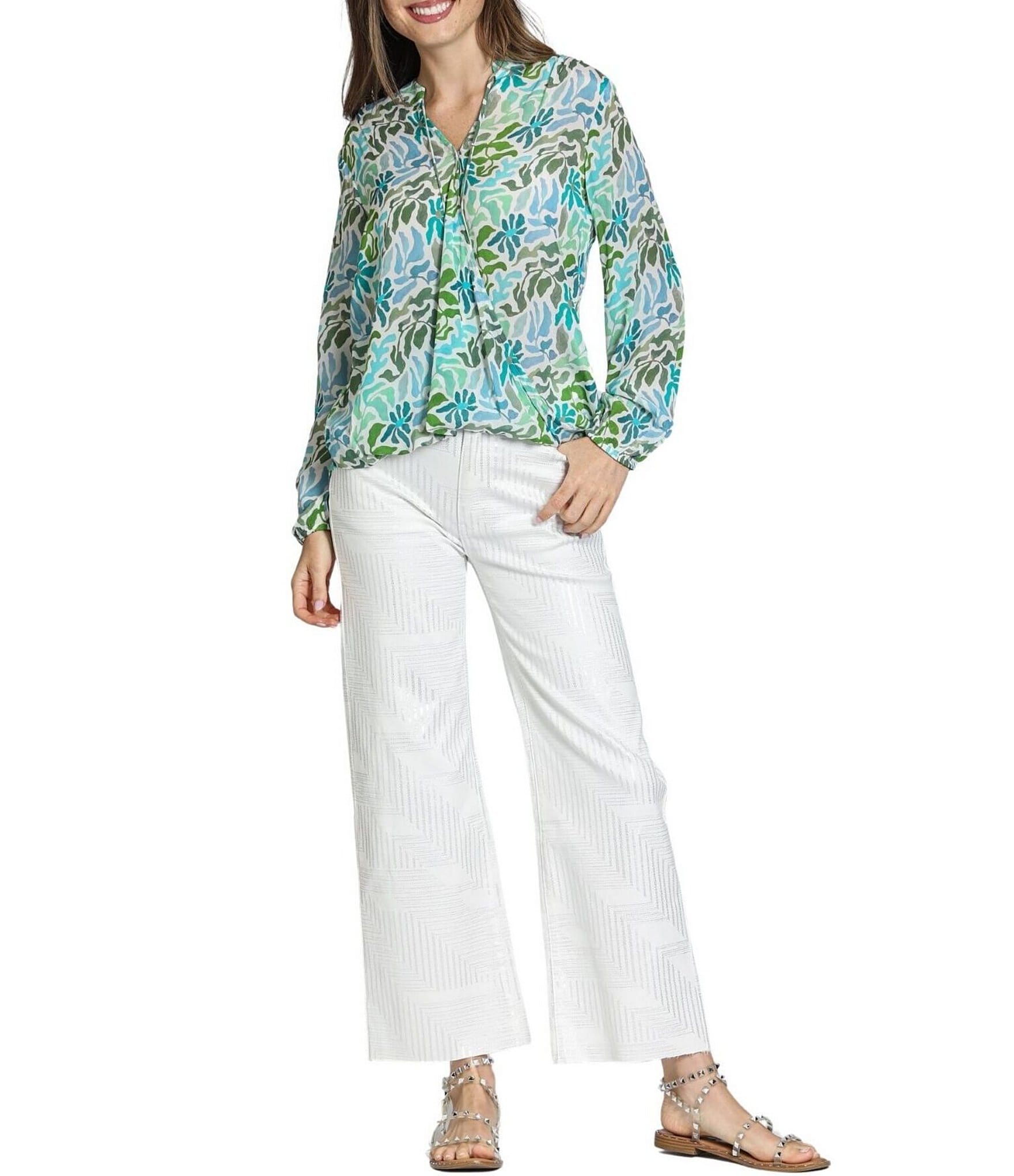 APNY Woven Printed Tassel V-Neck Long Sleeve Top