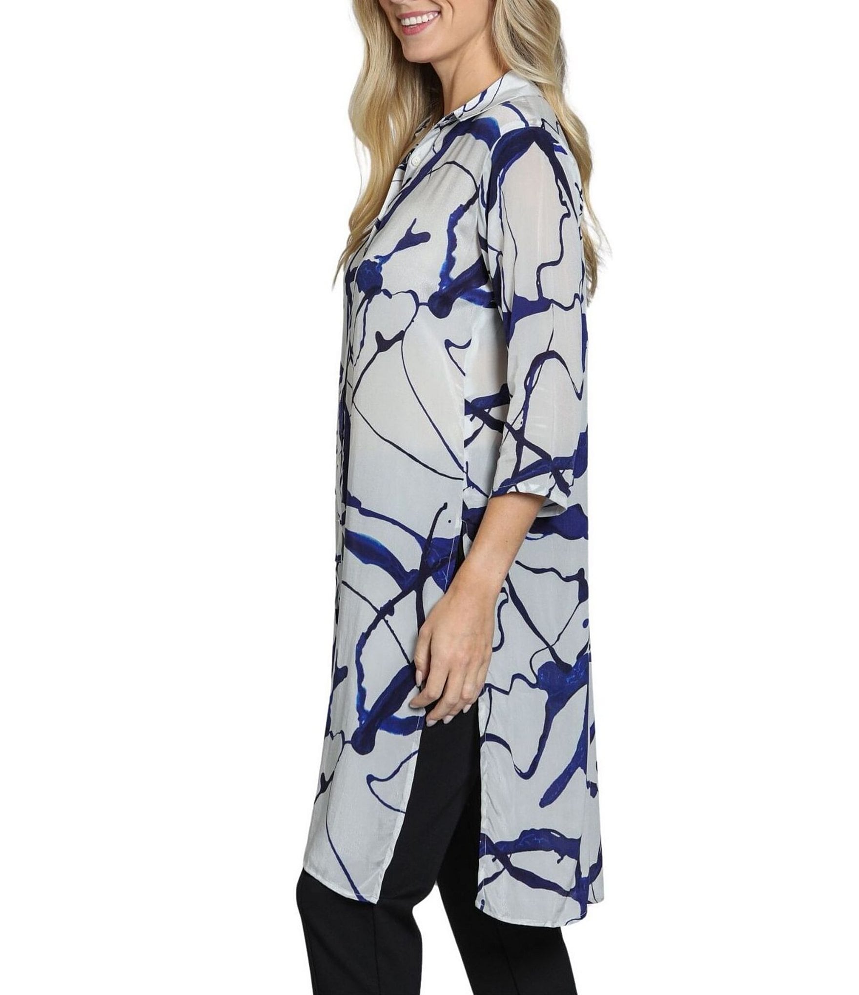 APNY Woven Printed V-Neck 3/4 Sleeve Button Down Tunic