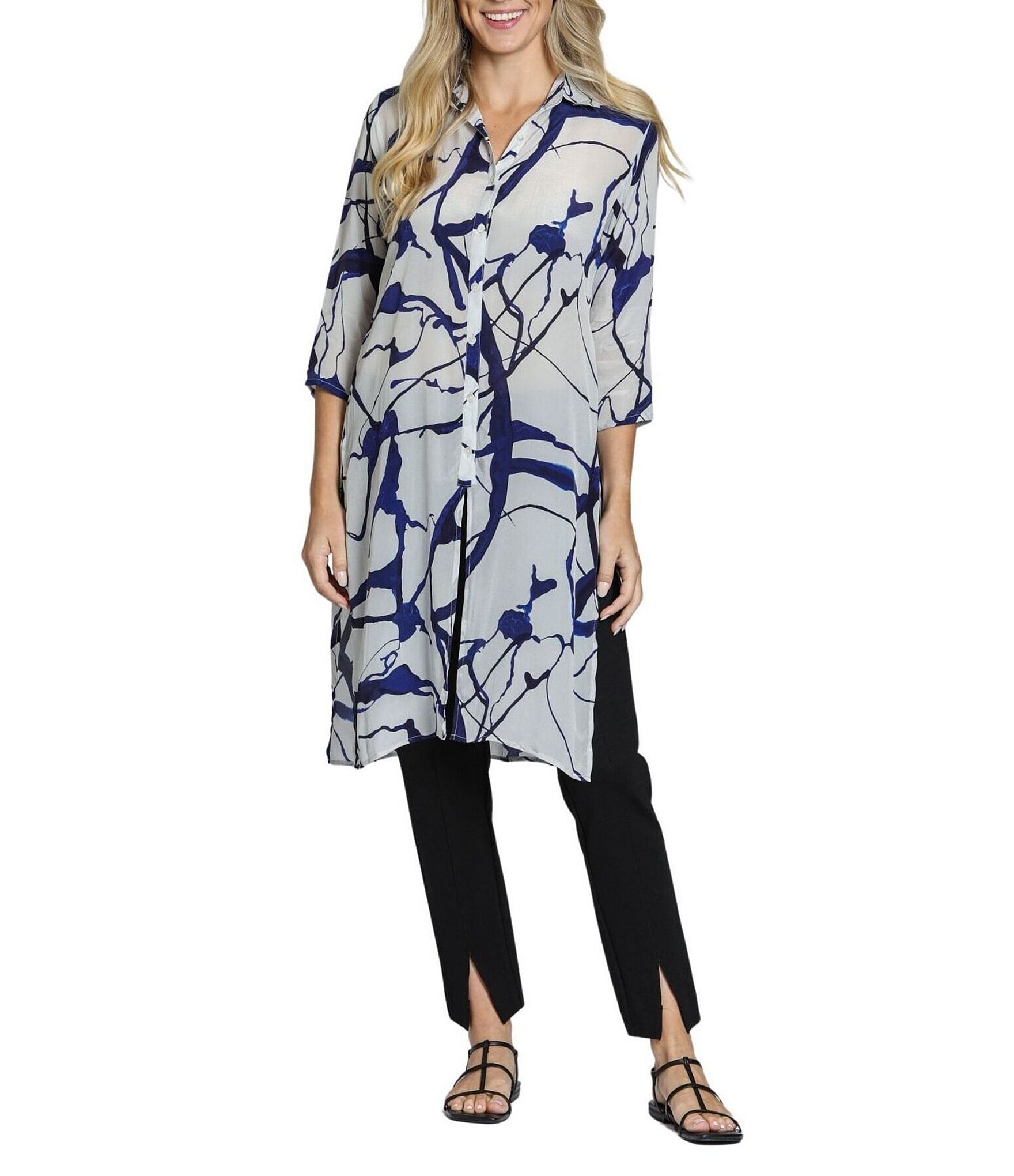 APNY Woven Printed V-Neck 3/4 Sleeve Button Down Tunic