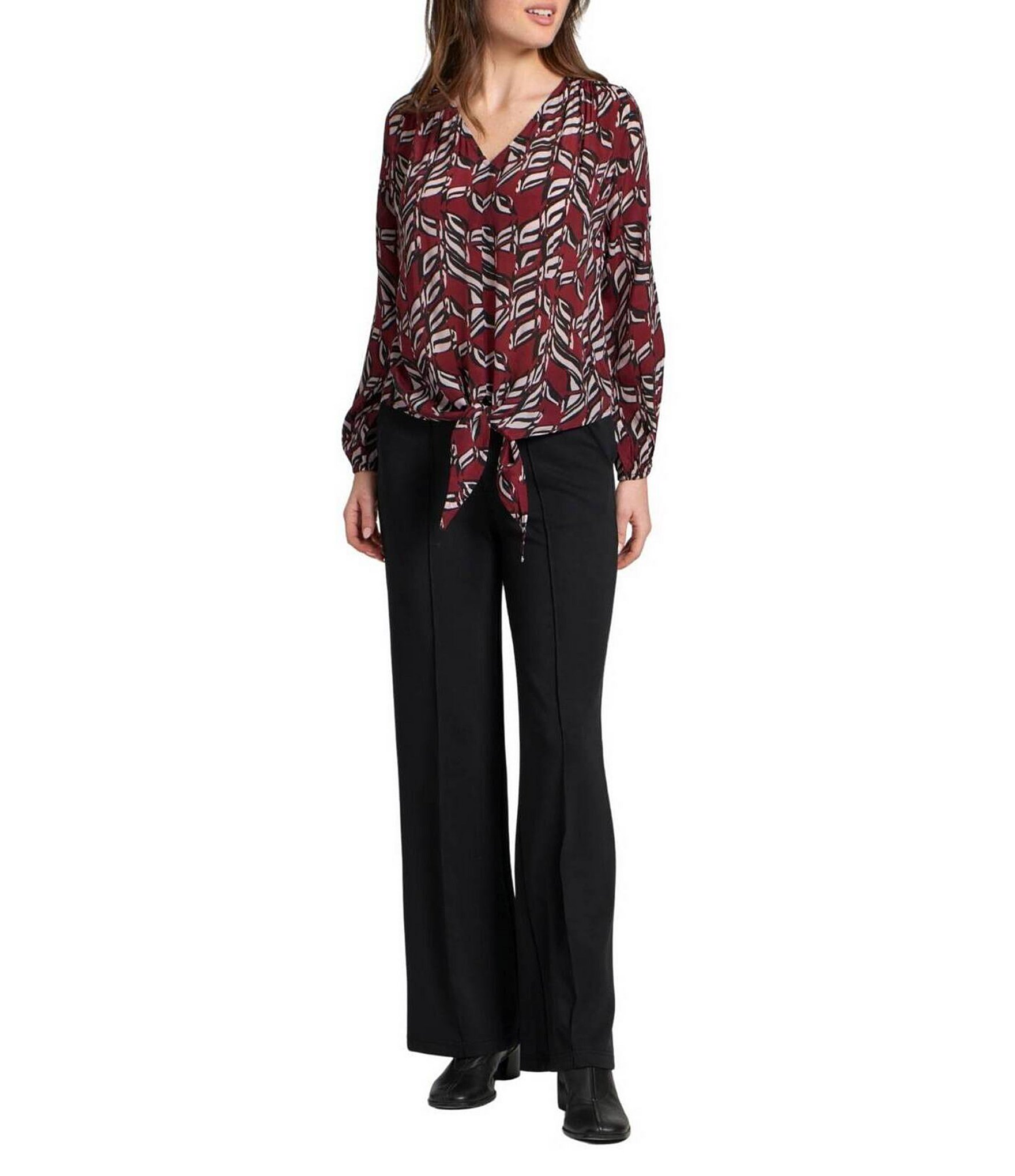 APNY Woven Printed V-Neck Long Sleeve Tie Front Top