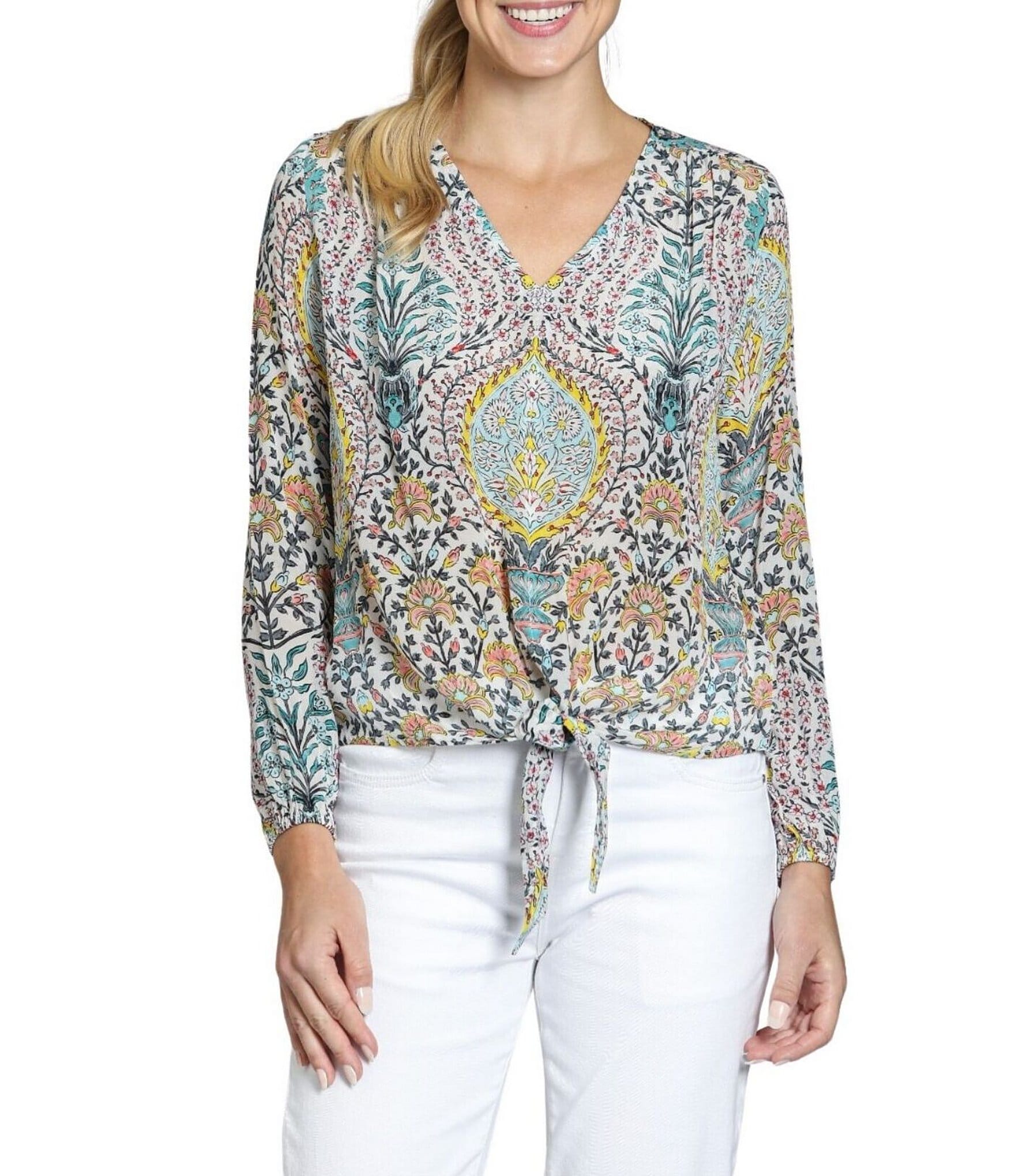 APNY Woven Printed V-Neck Long Sleeve Tie Front Top