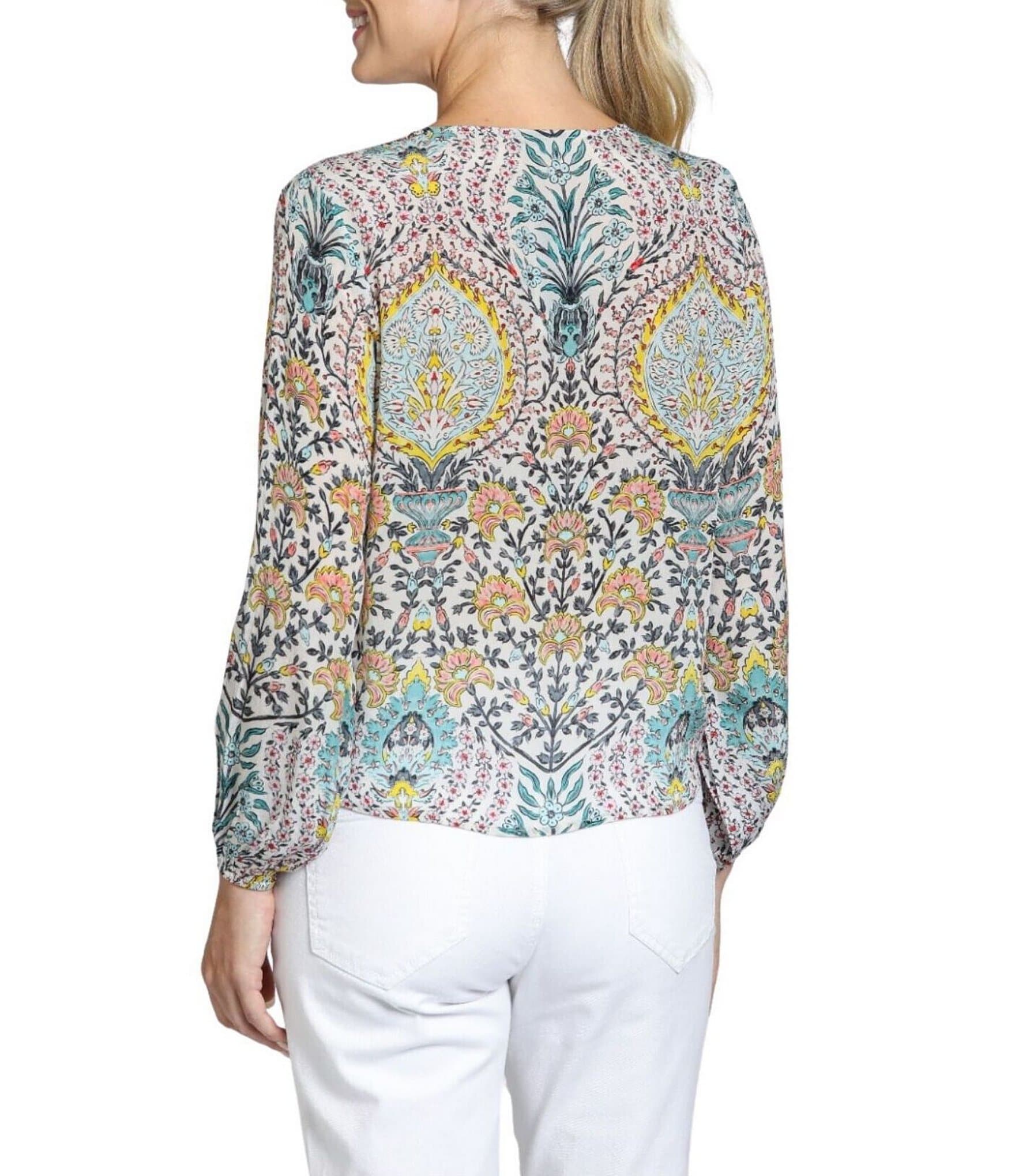 APNY Woven Printed V-Neck Long Sleeve Tie Front Top