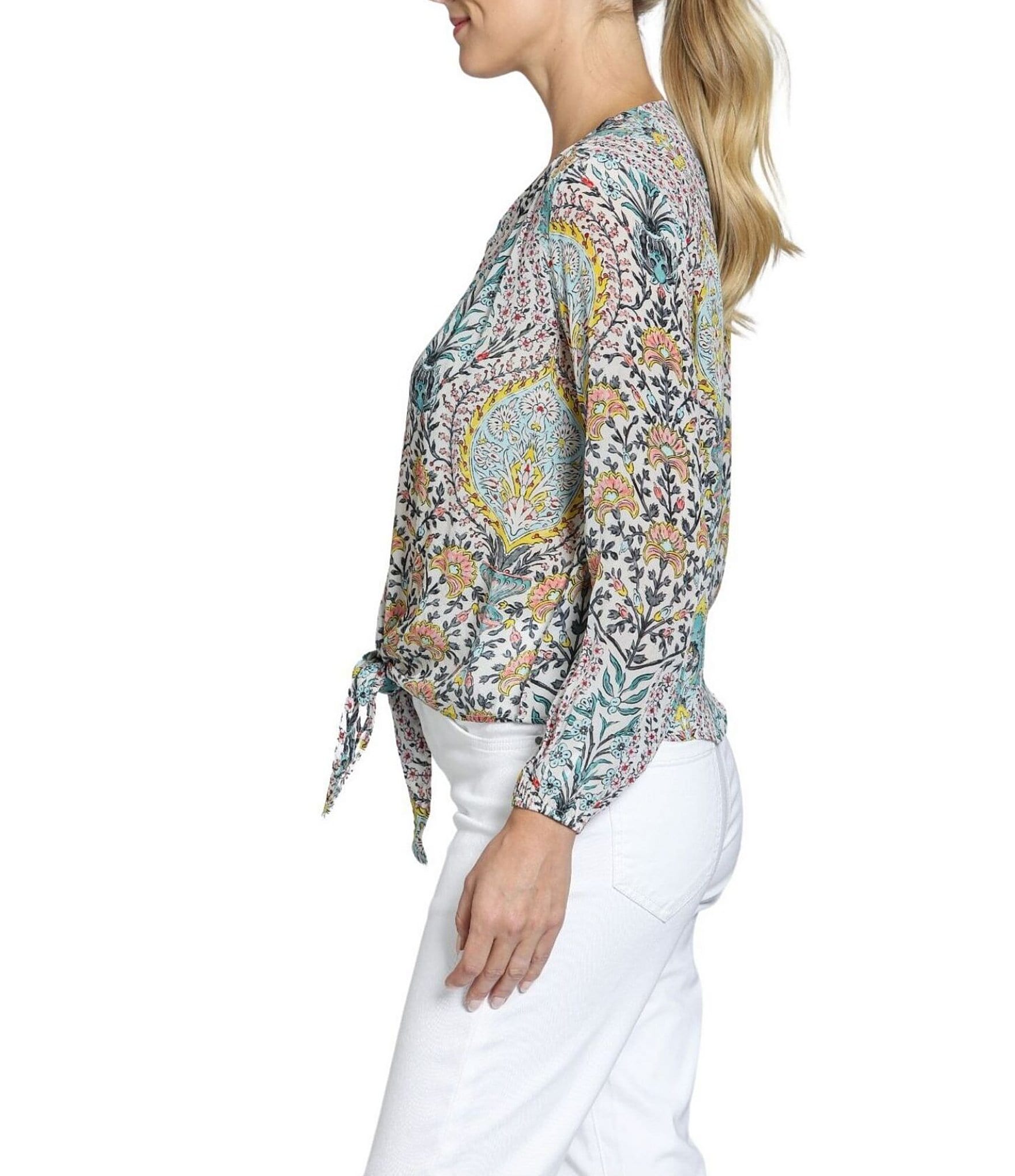 APNY Woven Printed V-Neck Long Sleeve Tie Front Top