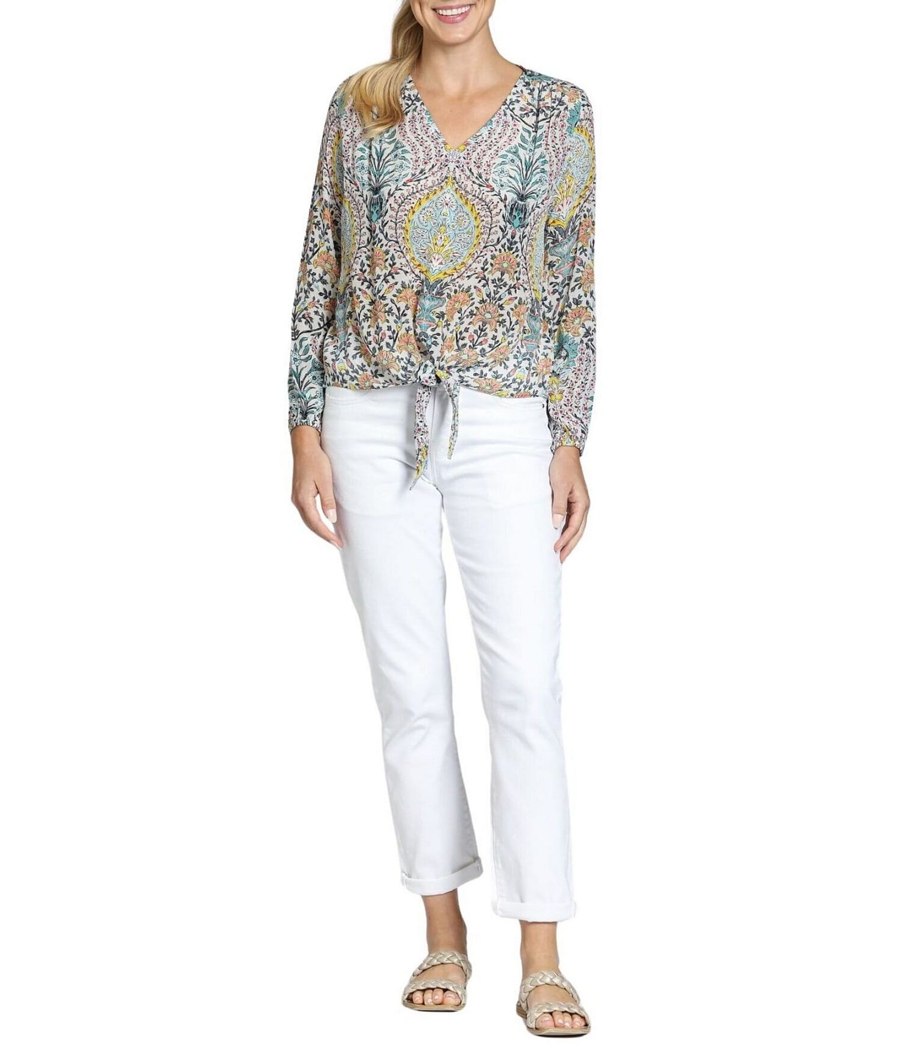 APNY Woven Printed V-Neck Long Sleeve Tie Front Top