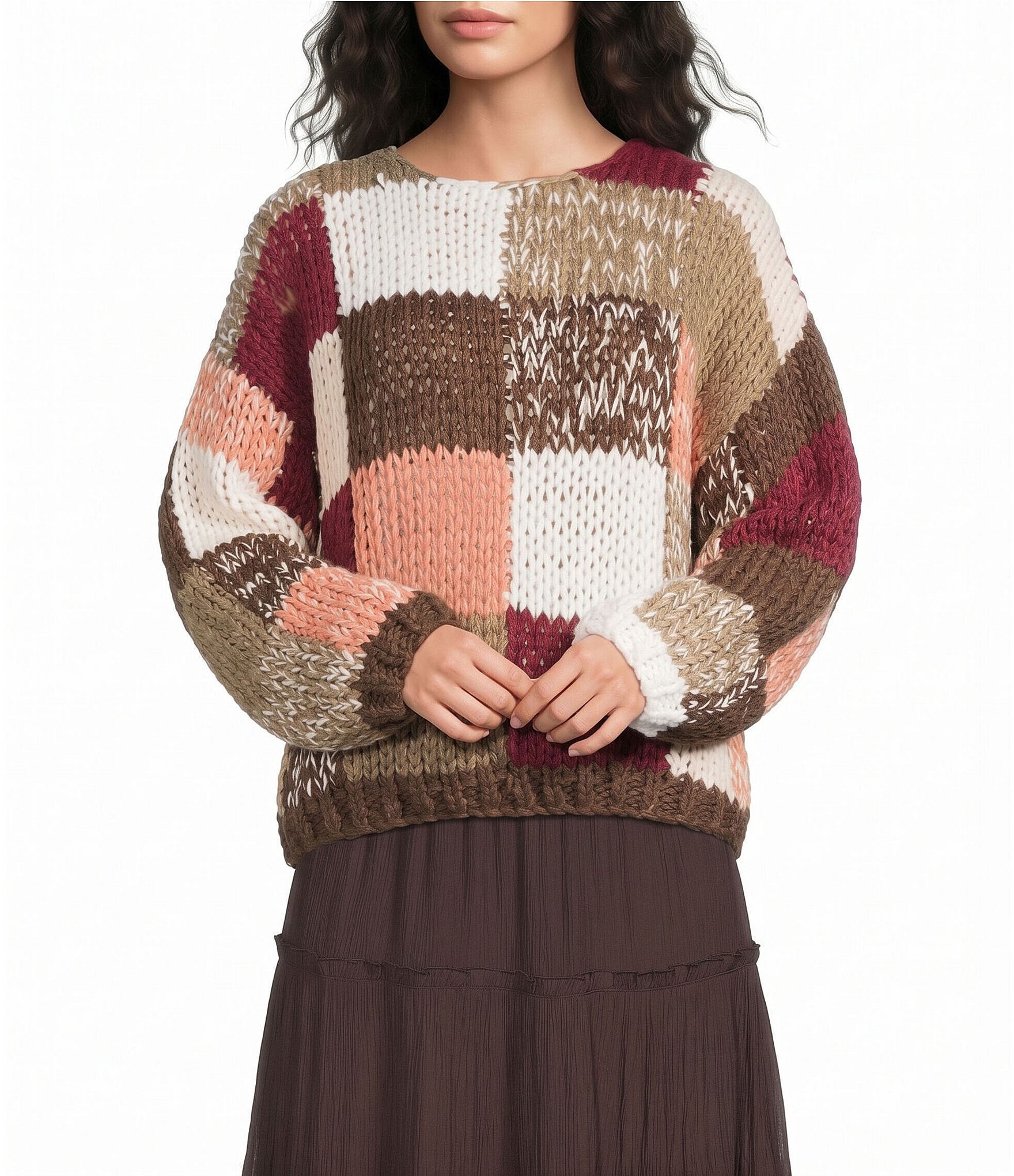 Apricot London Hand Ribbed Knit Patchwork Round Collar Long Sleeve Sweater
