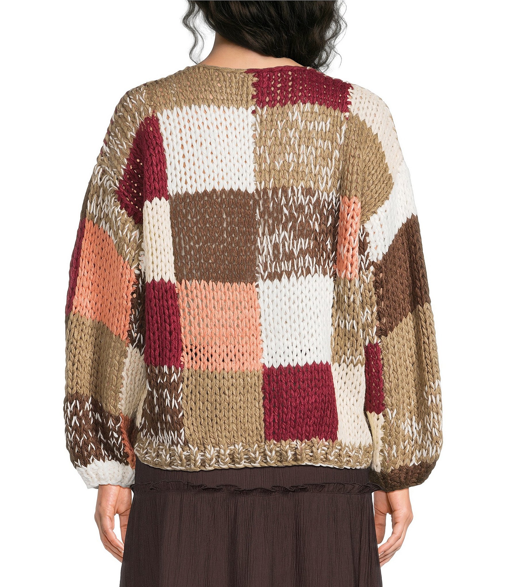 Apricot London Hand Ribbed Knit Patchwork Round Collar Long Sleeve Sweater