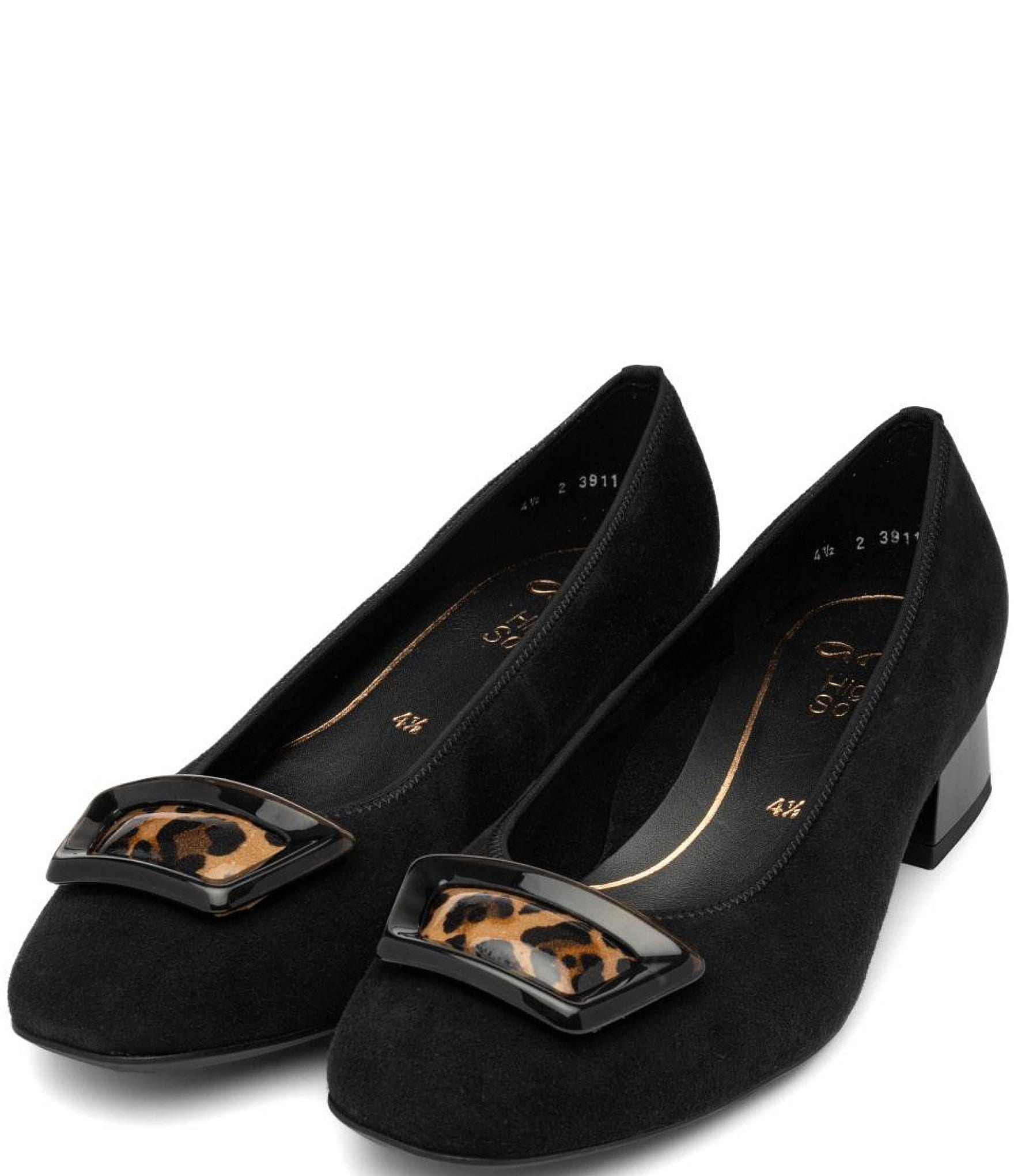 ara Gale Suede Leopard Print Patent Buckle Ornament Block Heel Pumps