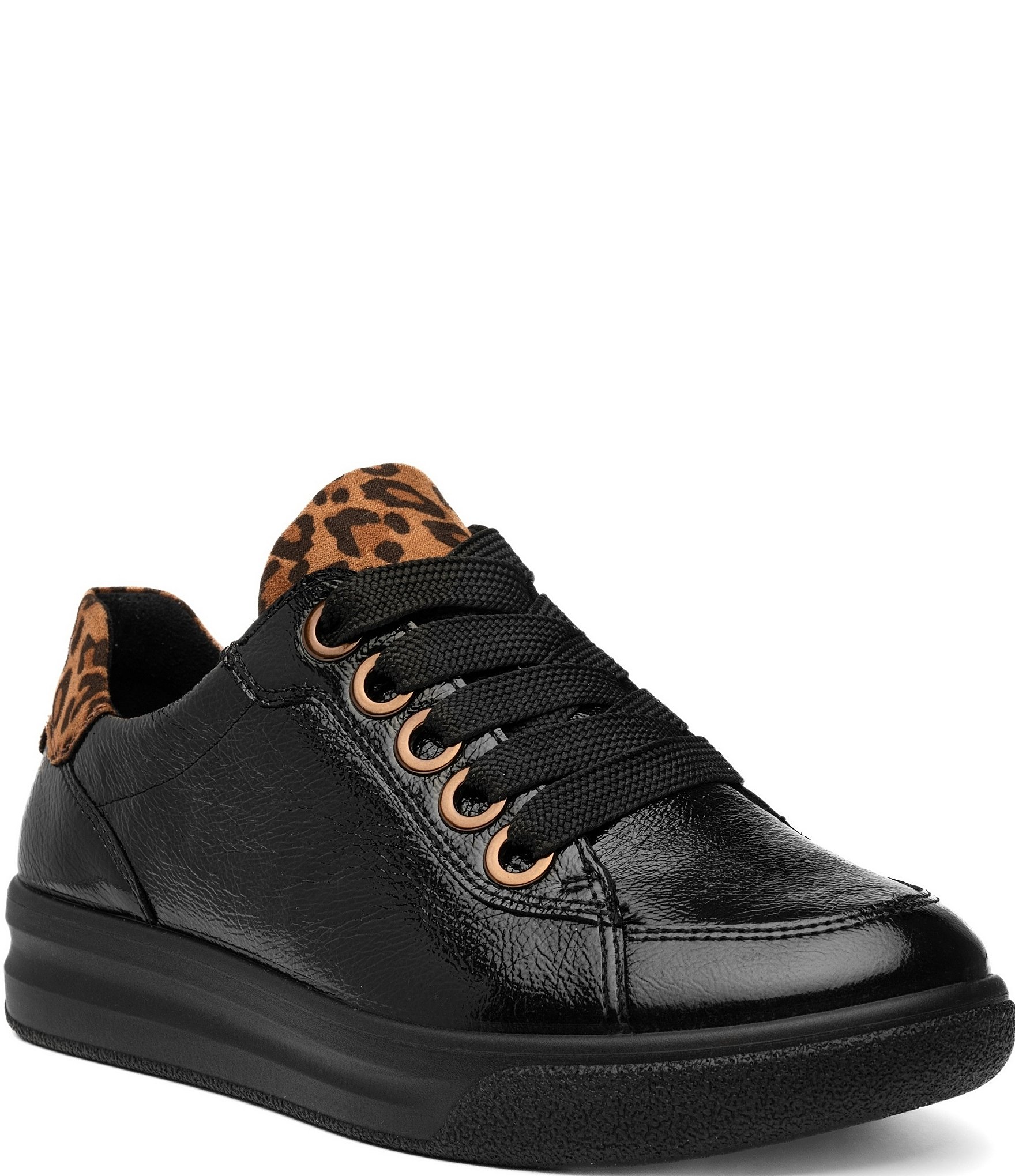 ara Women's Flora Crunch Patent Leather Leopard Print Suede Sneakers