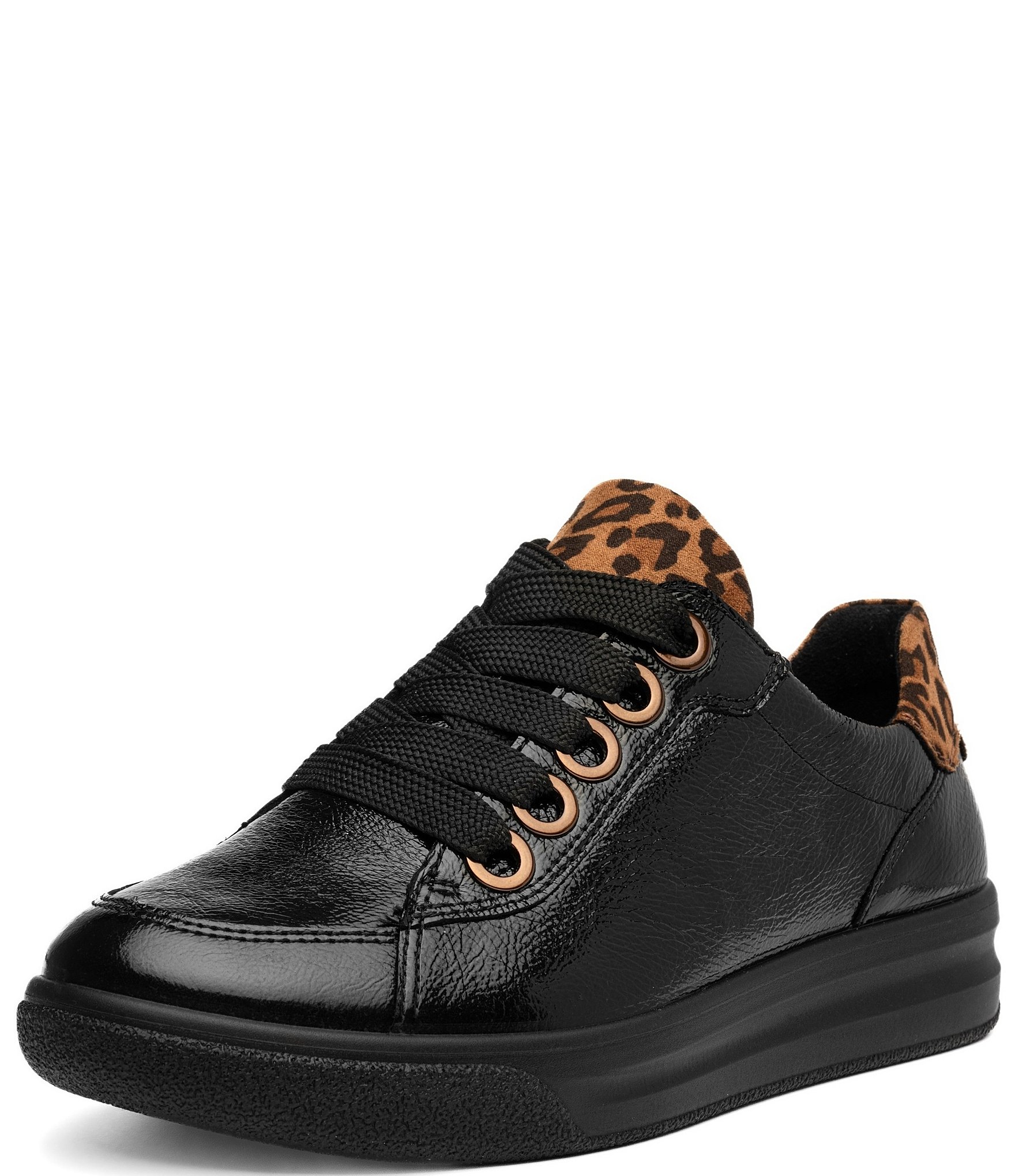 ara Women's Flora Crunch Patent Leather Leopard Print Suede Sneakers