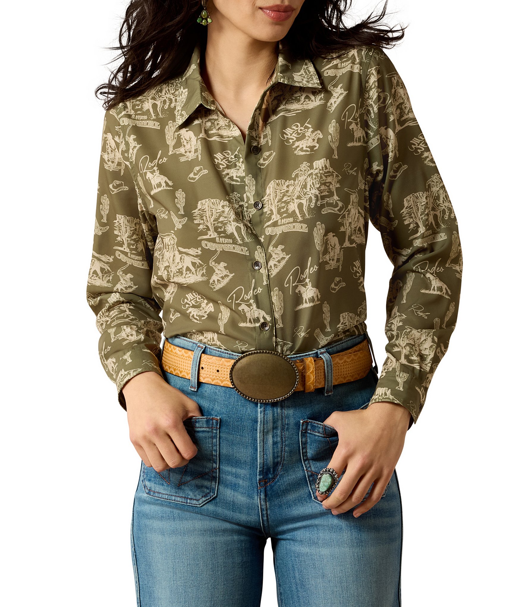 Ariat Woven Homestyle Rodeo Print Point Collar Long Sleeve Shirt