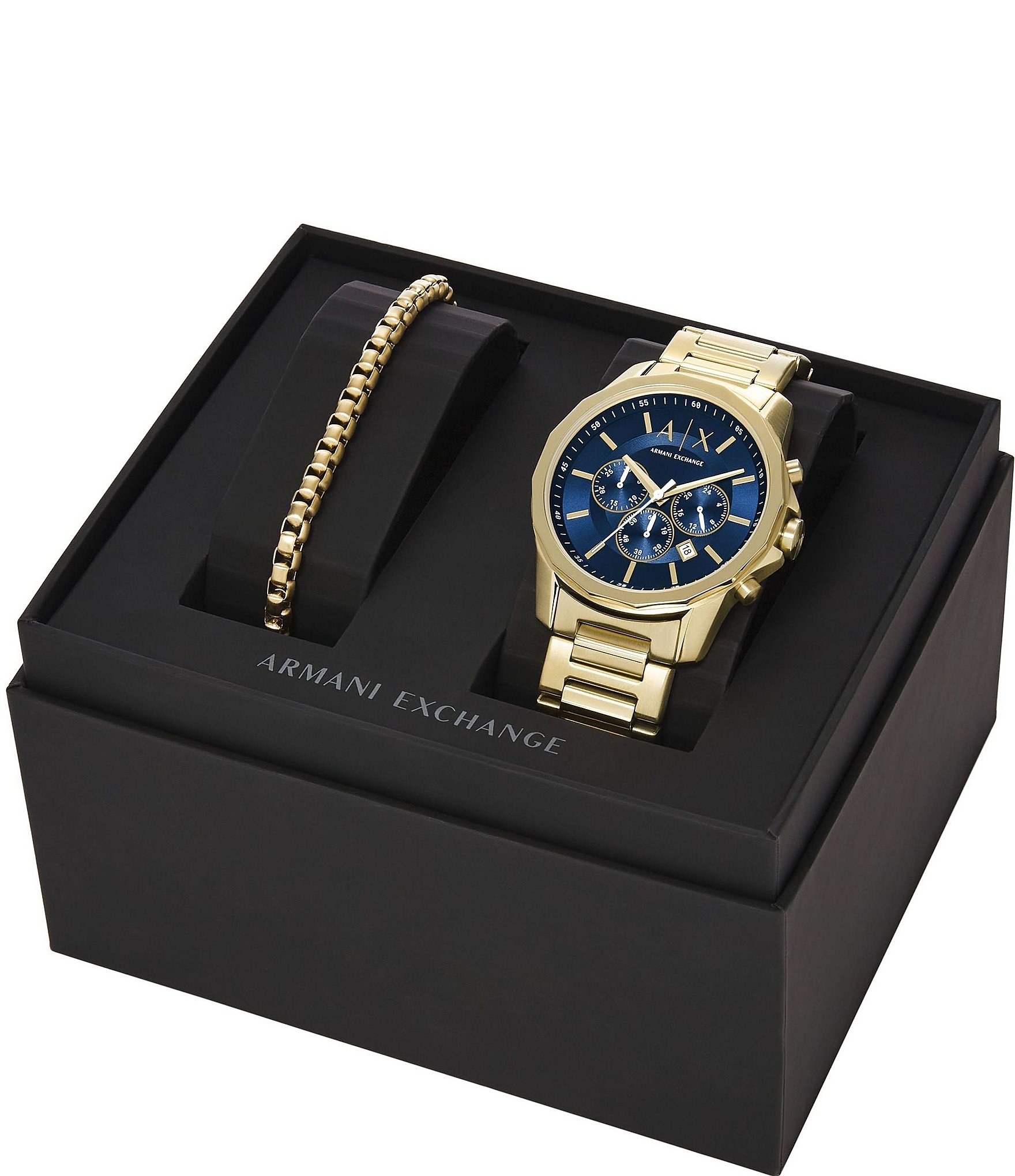 Armani Exchange Men's Banks Chronograph Gold-Tone Stainless Steel Bracelet Watch and Bracelet Set