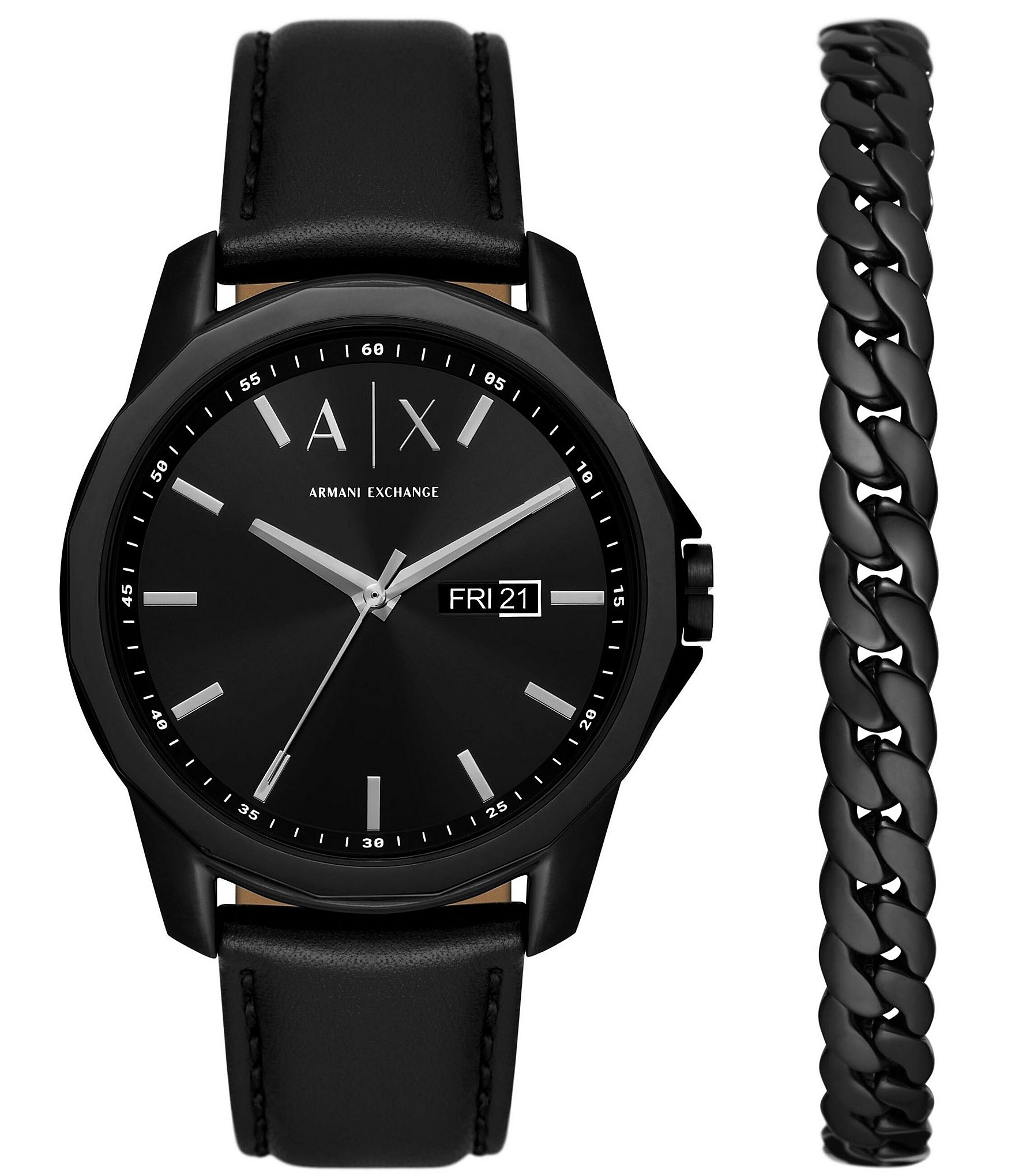 Armani Exchange Men's Three-Hand Day-Date Black Leather Watch and Black ...