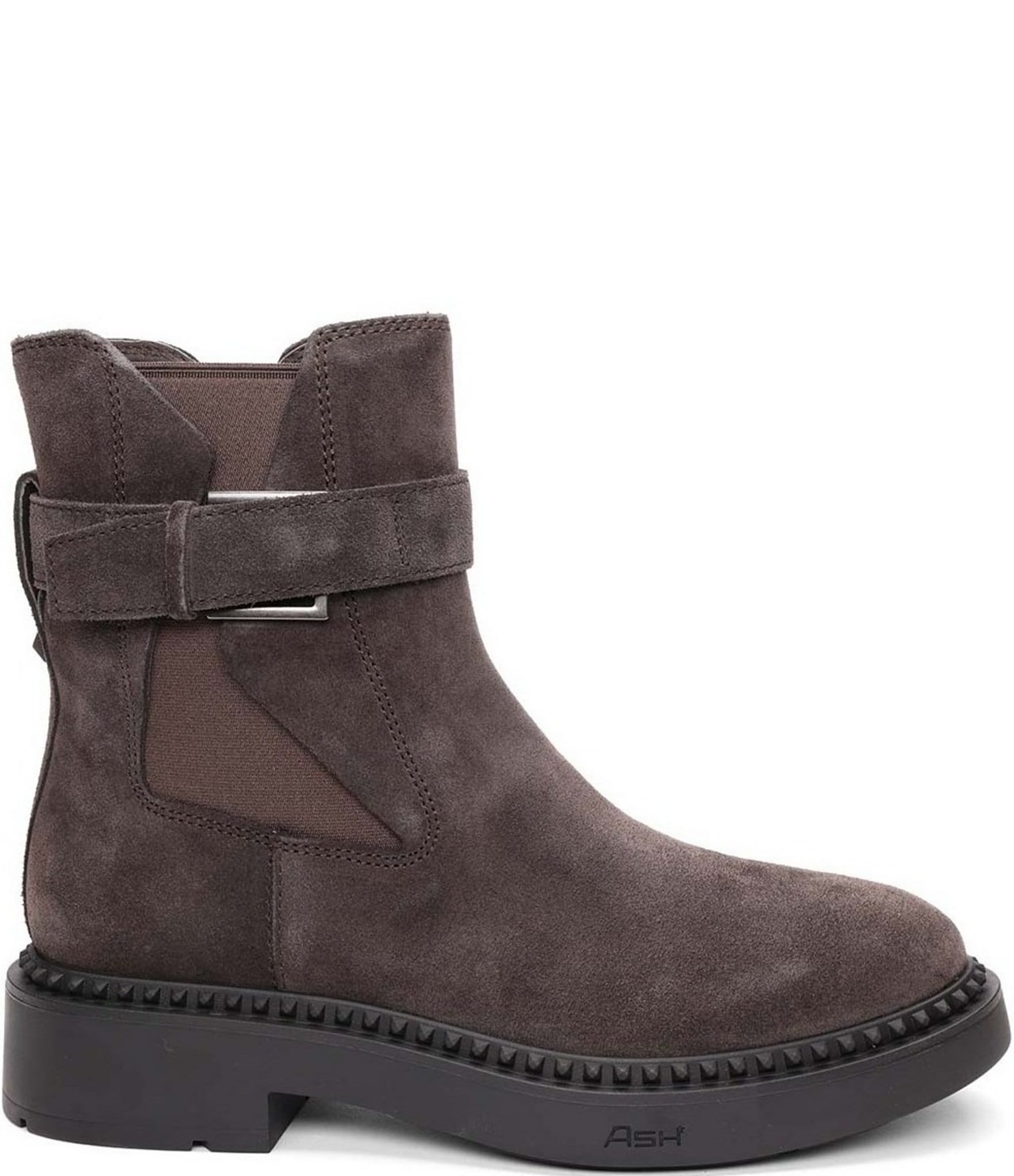 ASH Margot Suede Buckle Strap Hardware Stud Trim Chelsea Booties
