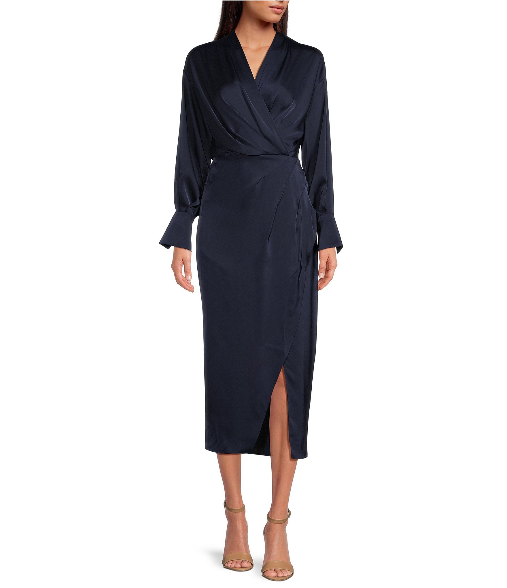 ASTR the Label Sadyra Satin V-Neck Long Sleeve Midi Wrap Dress | Dillard's