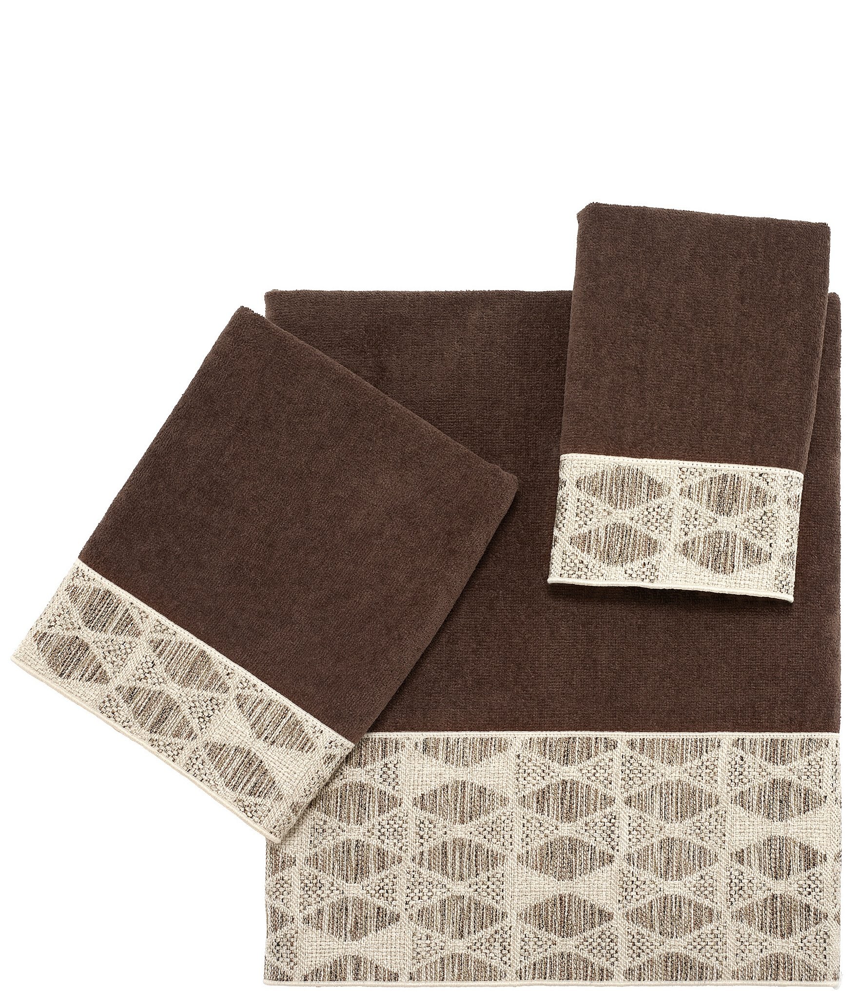 Handmade 3-Piece Dark Brown Bath Towel Set Trimmed With Dark Brown Floral  Print