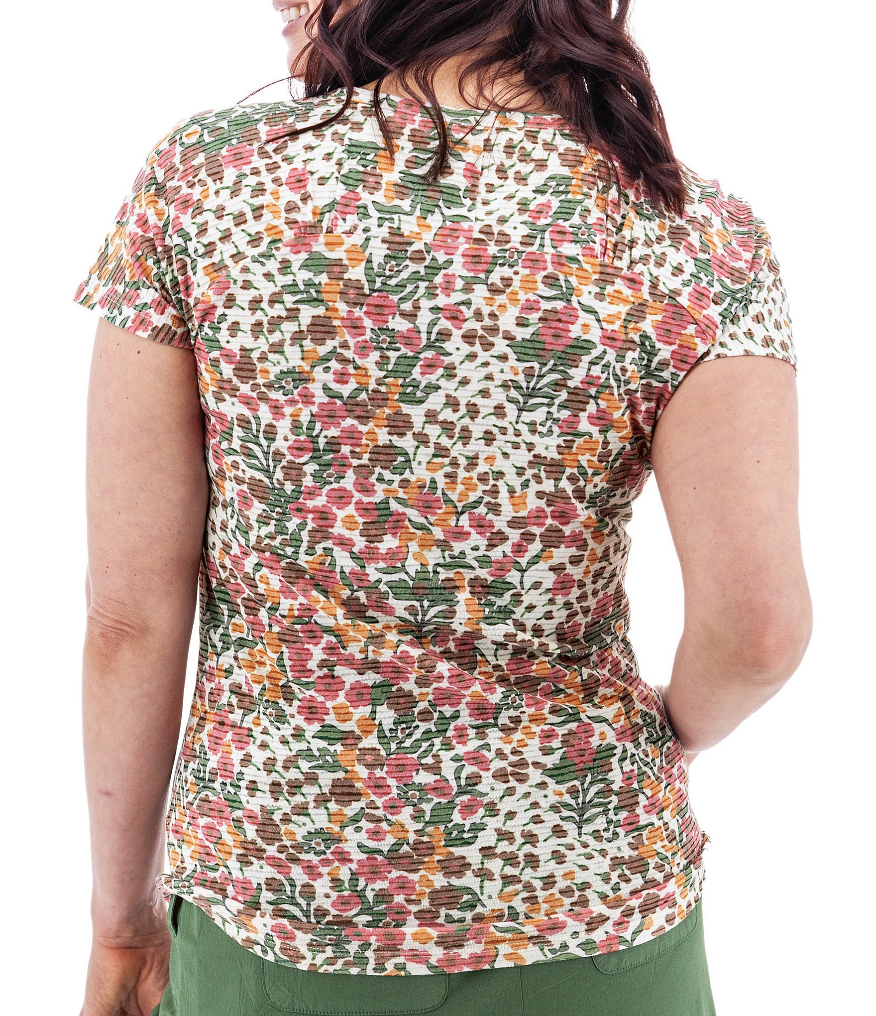 Aventura Charlie Floral Single Knit Jersey Scoop Neck Cap Sleeves Ruching Top