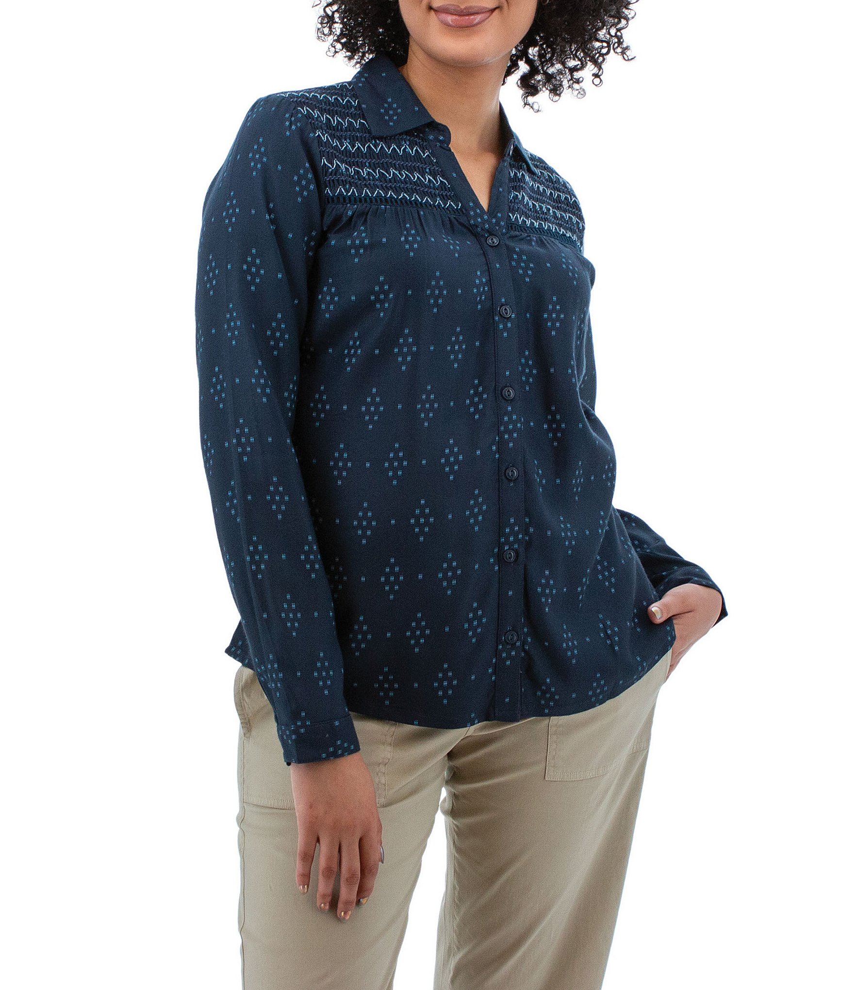 Aventura Cleo Printed Woven Point Collar Long Sleeve Button Front Shirt