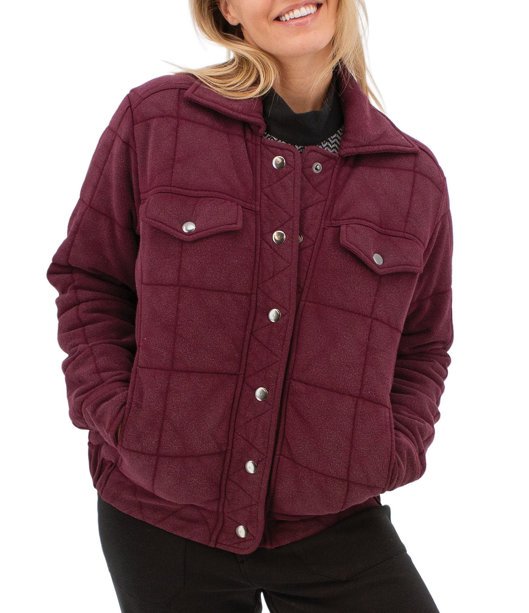 Aventura Cotton Fleece Knit Quilted Point Collar Snap Front Drift Jacket
