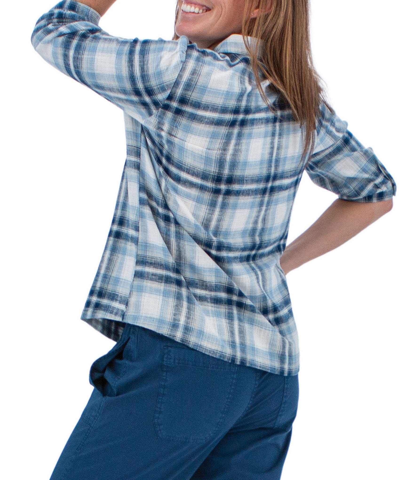 Aventura Fireside Flannel Woven Point Collar 3/4 Sleeve Button front Shirt