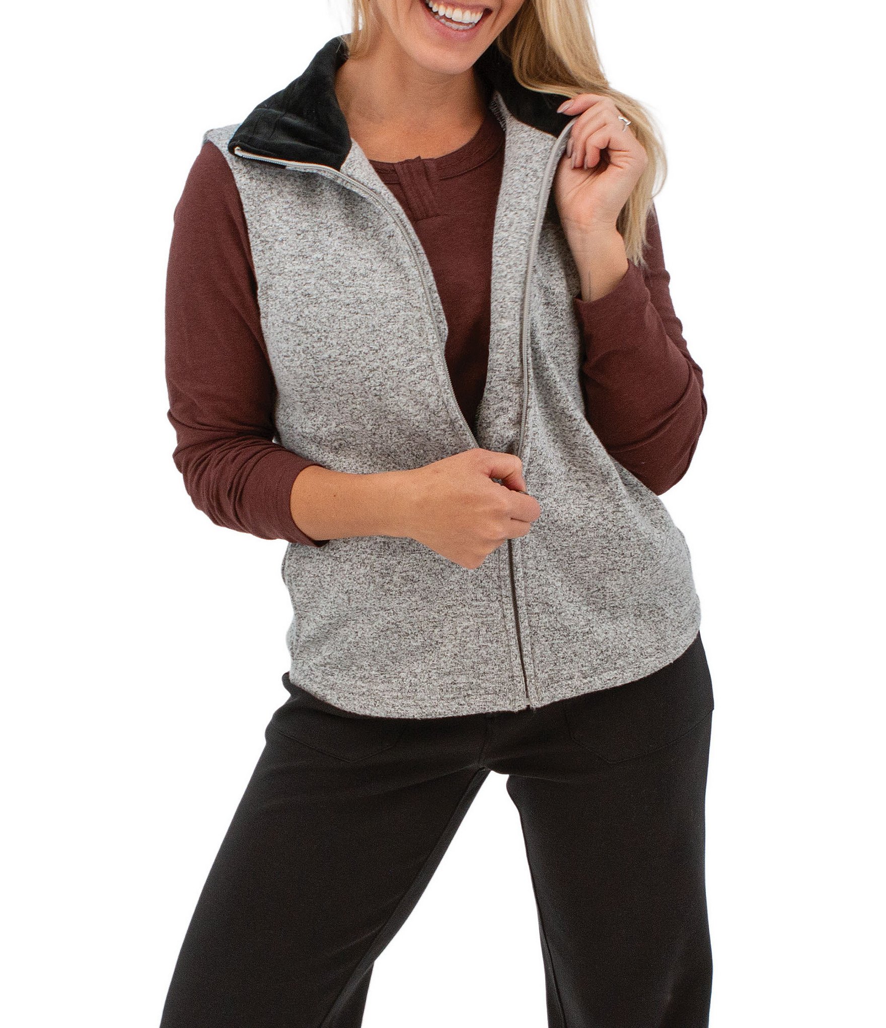 Aventura Heavenly Soft Solid Fleece Knit Collared Neck Zip Front Vest