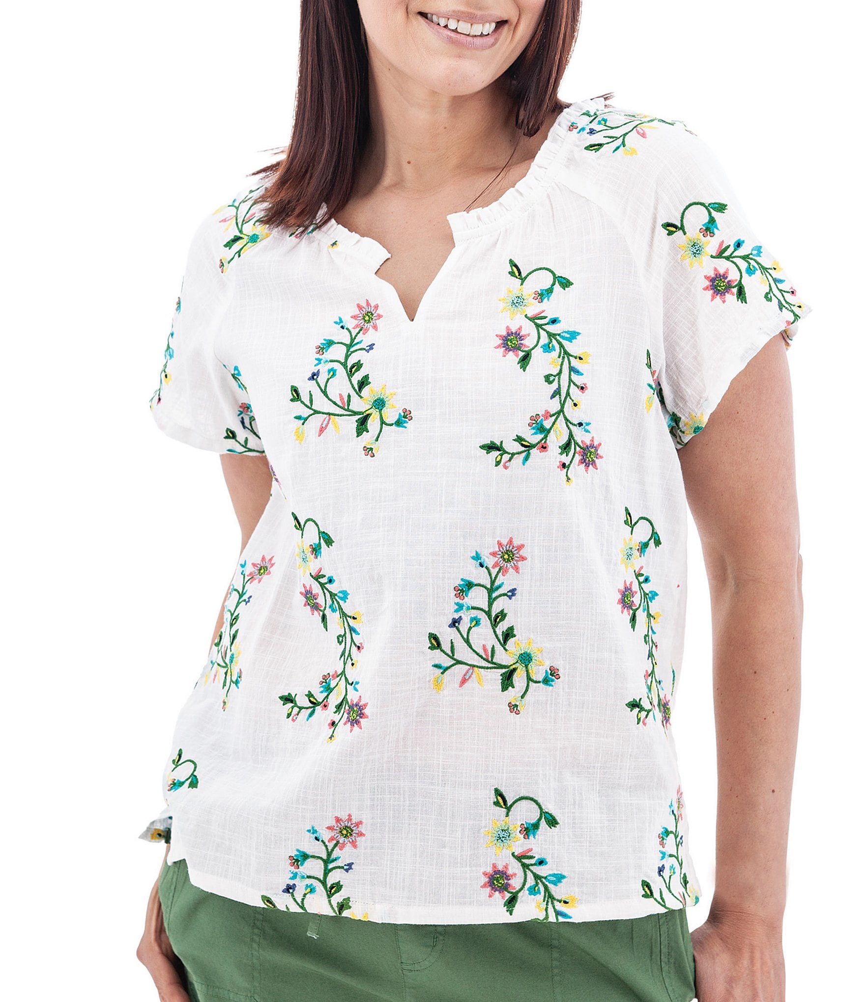 Aventura Lorena Floral Embroidery Split V-Neck Raglan Sleeves Mini Ruched Woven Top