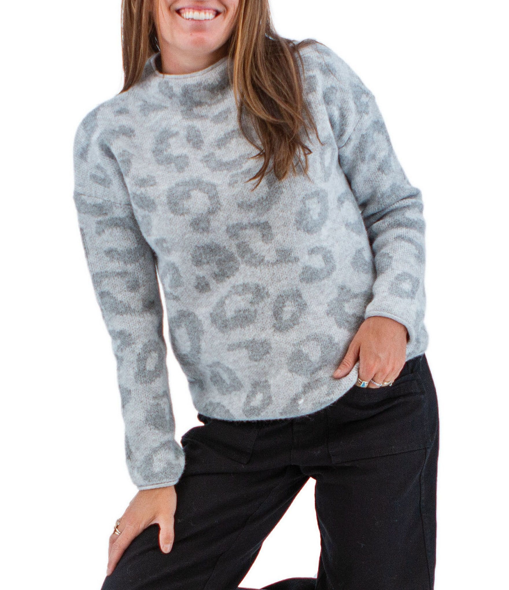 Aventura Sasha Tonal Jacquard Knit Funnel Neck Long Sleeve Relaxed Fit Sweater