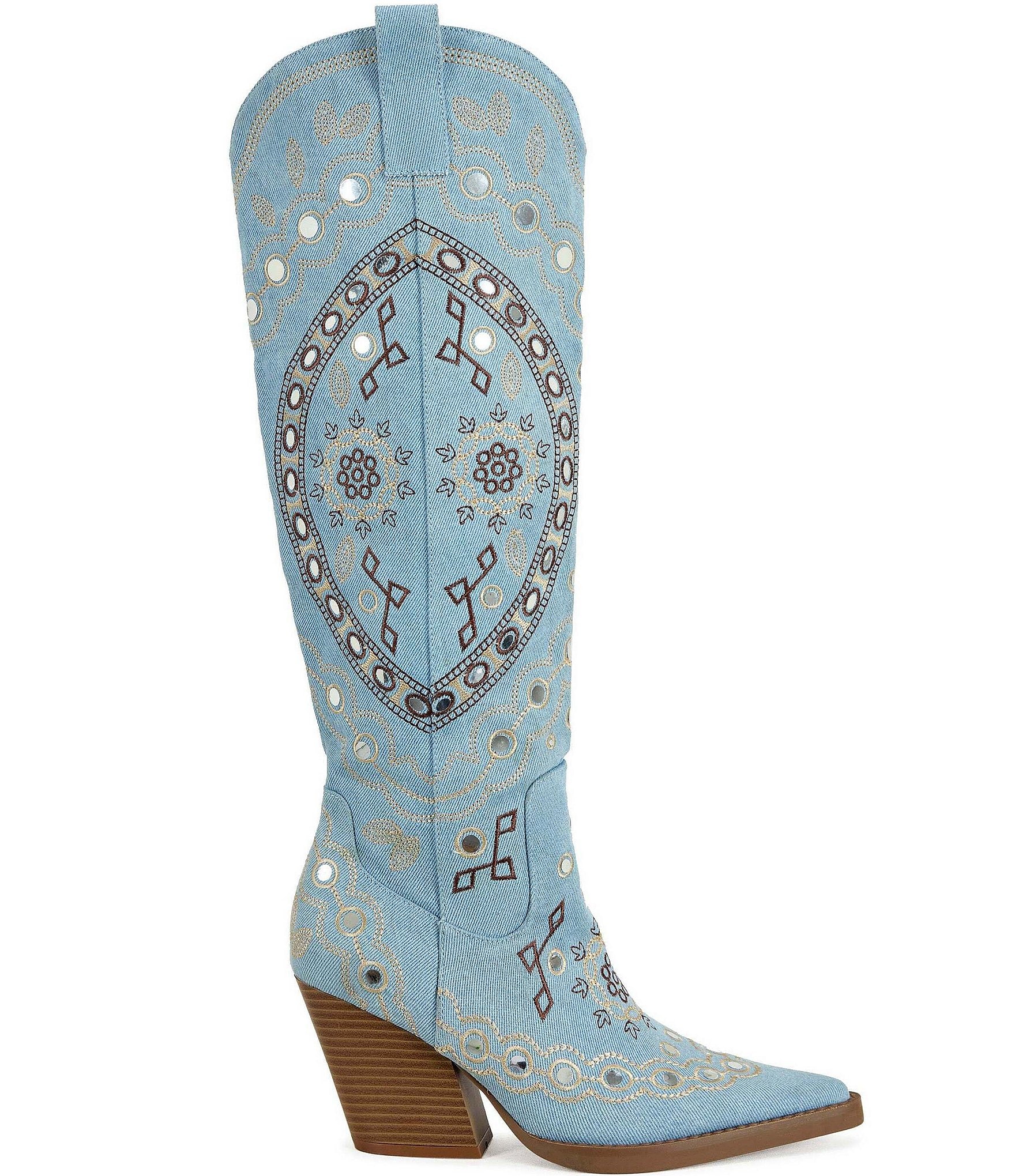 Azalea Wang Aamina Denim Studded Tall Western Boots