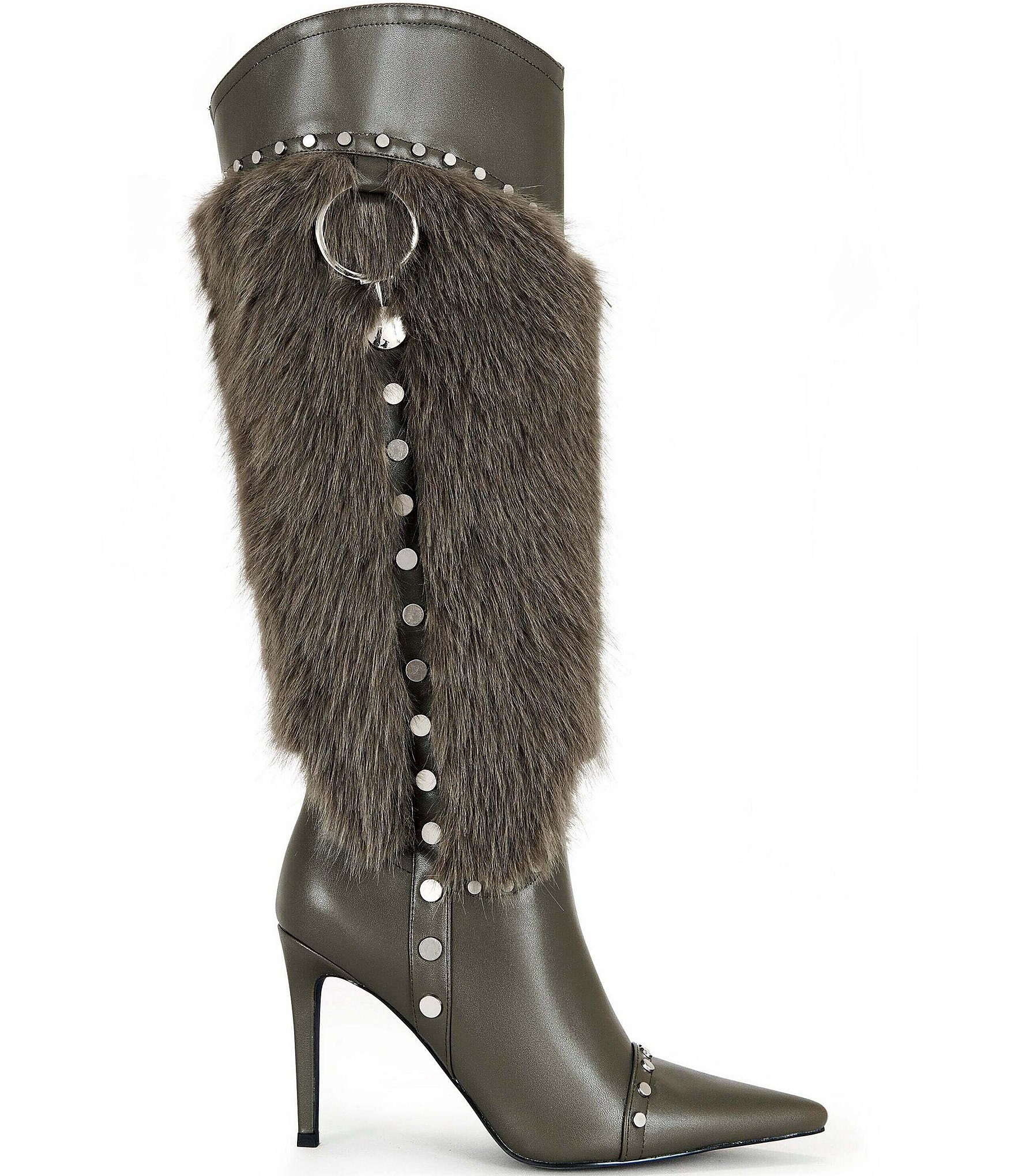 Azalea Wang Alisette Faux Fur Studded Pointed Toe Tall Dress Boots