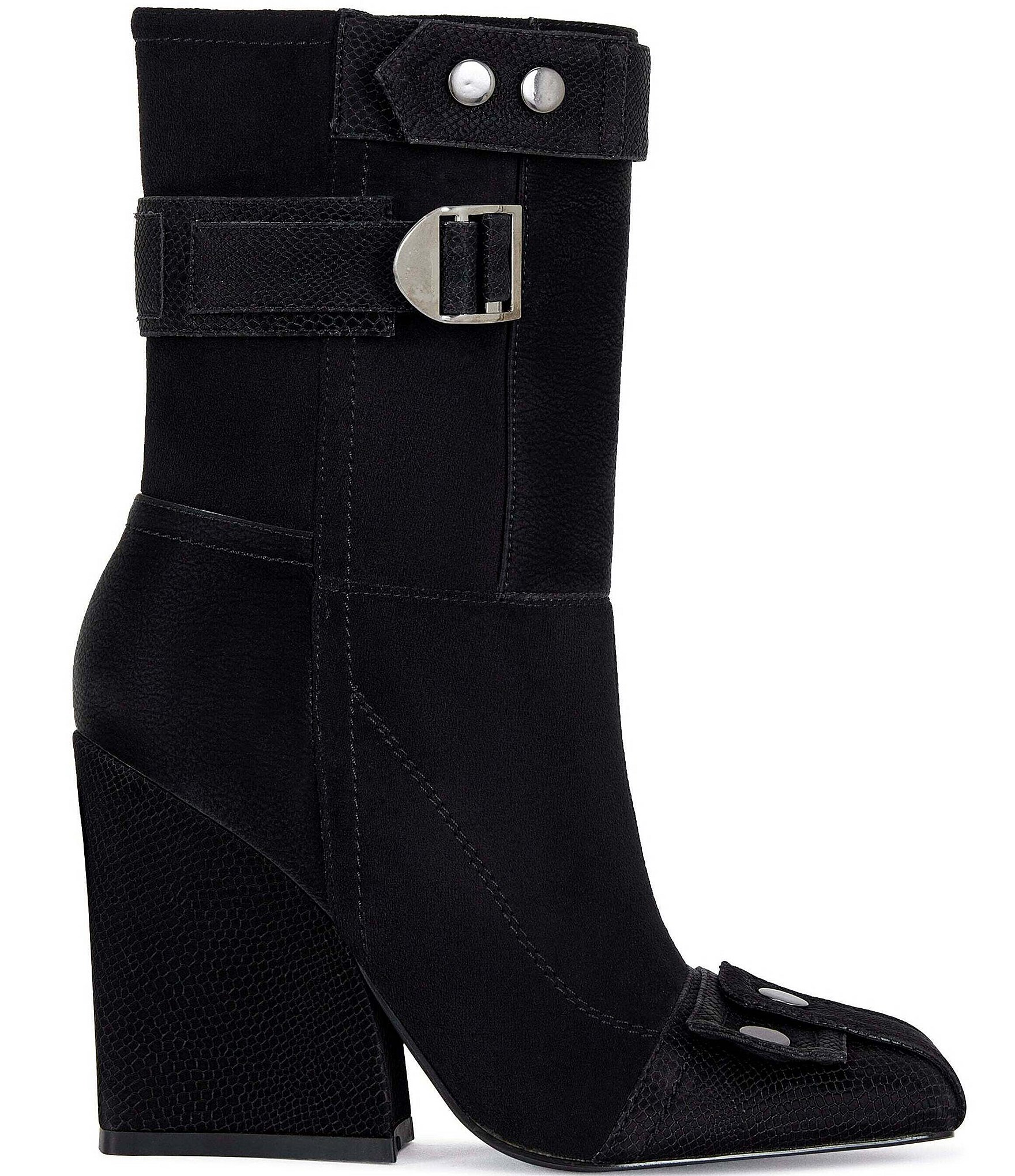 Azalea Wang Allona Embossed Lizard Print Hardware Detail Cap Toe Mid Calf Boots