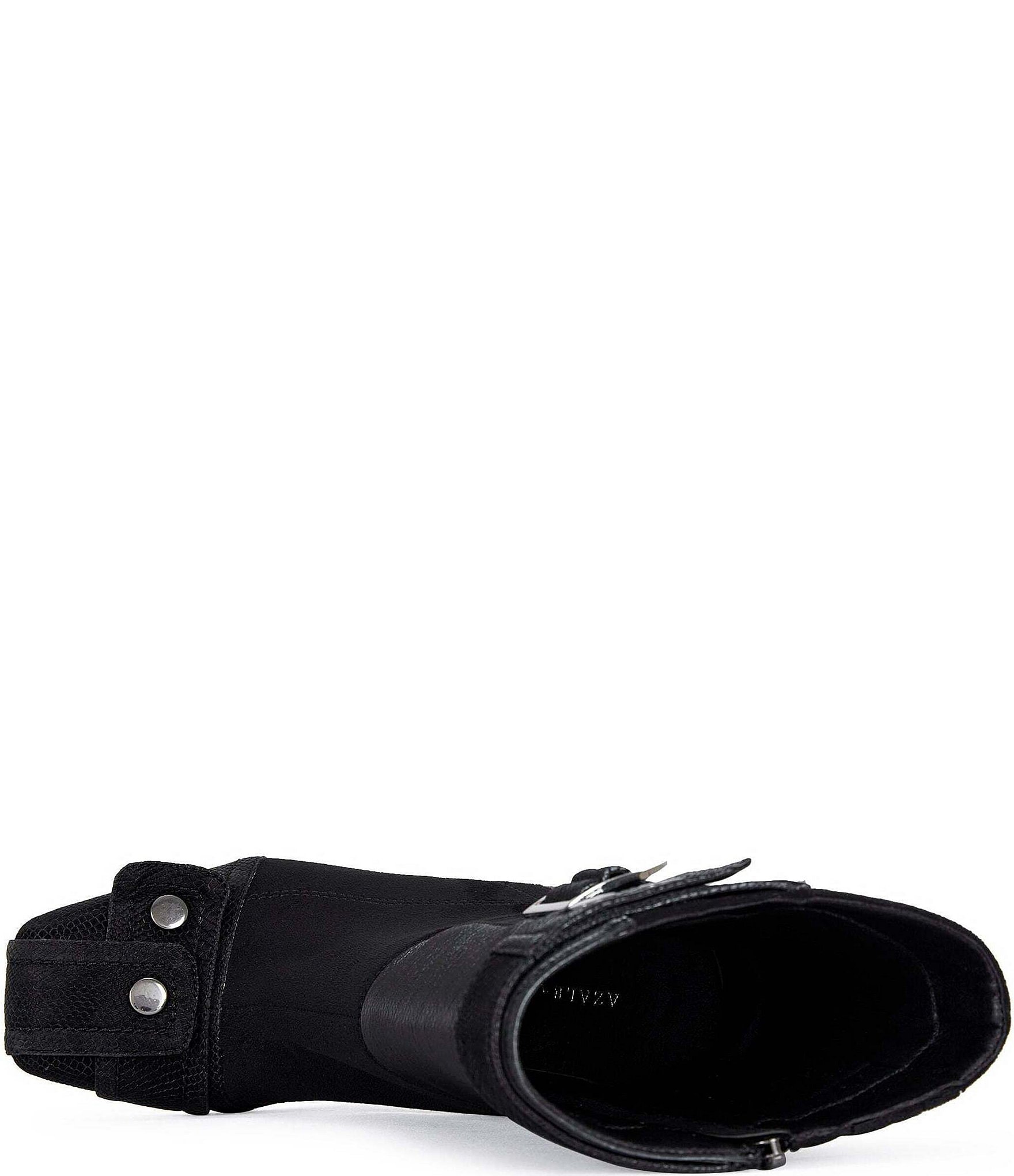 Azalea Wang Allona Embossed Lizard Print Hardware Detail Cap Toe Mid Calf Boots