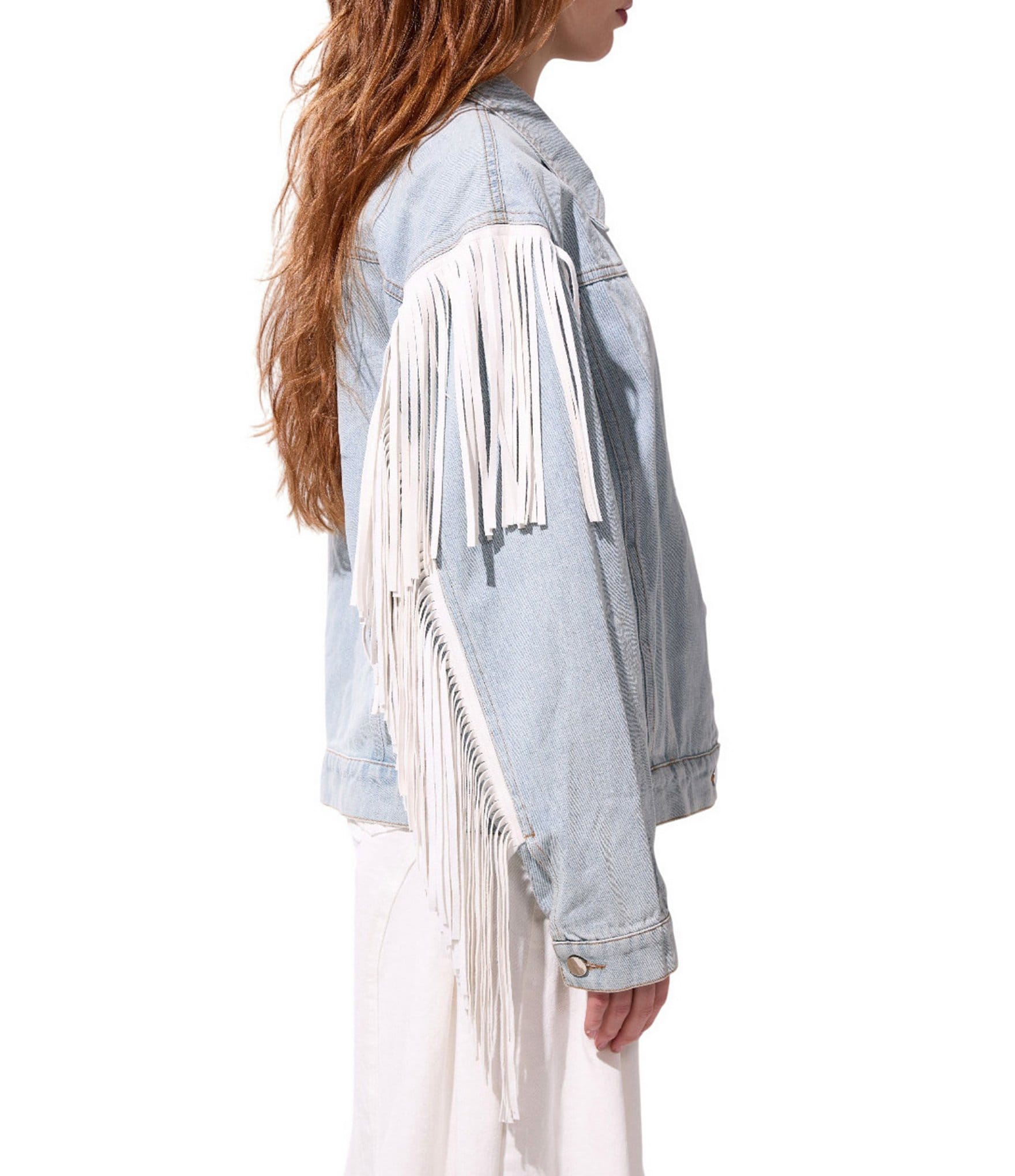 Azalea Wang Alra Fringe Point Collar Button Front Denim Jacket