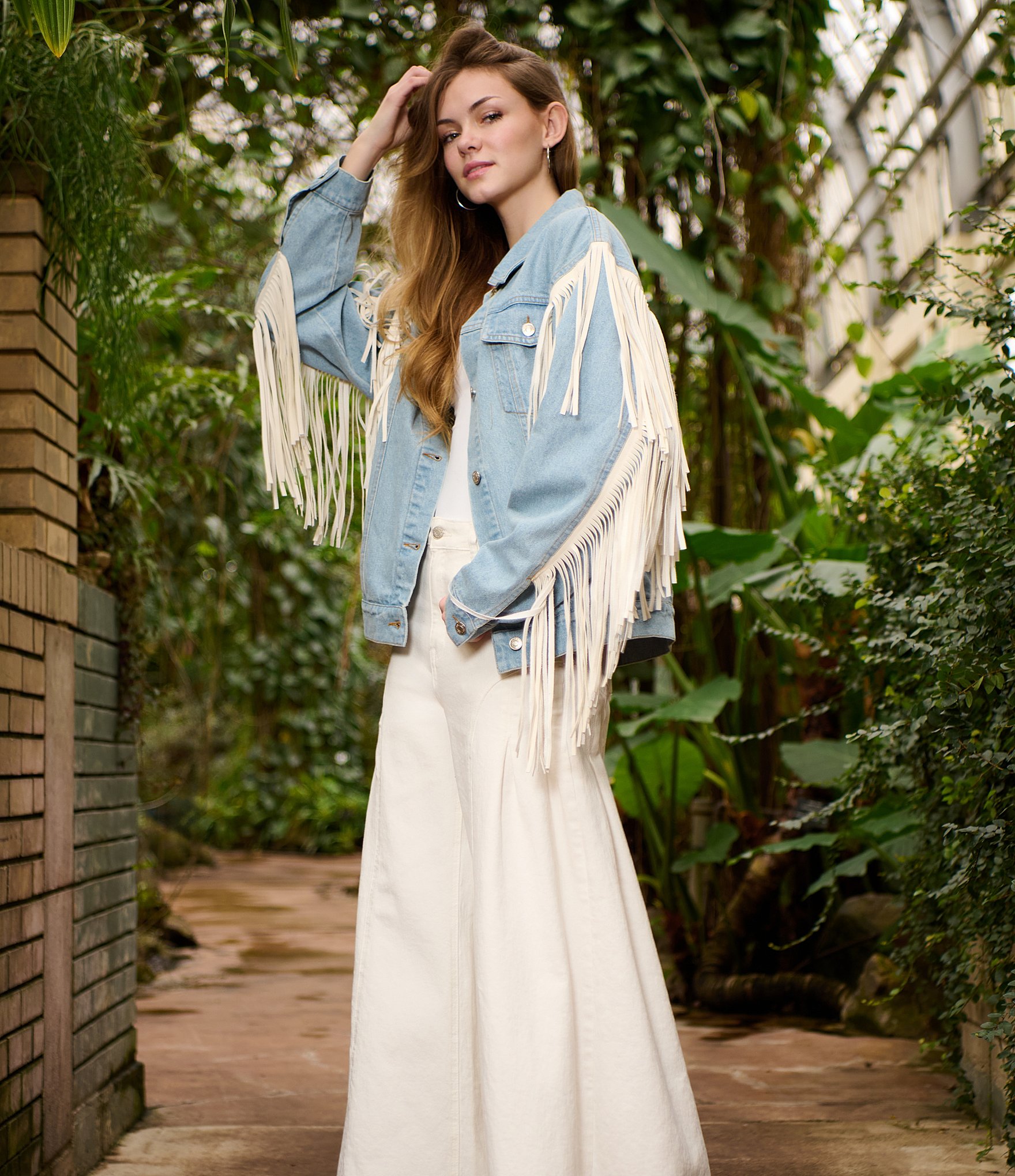 Azalea Wang Alra Fringe Point Collar Button Front Denim Jacket