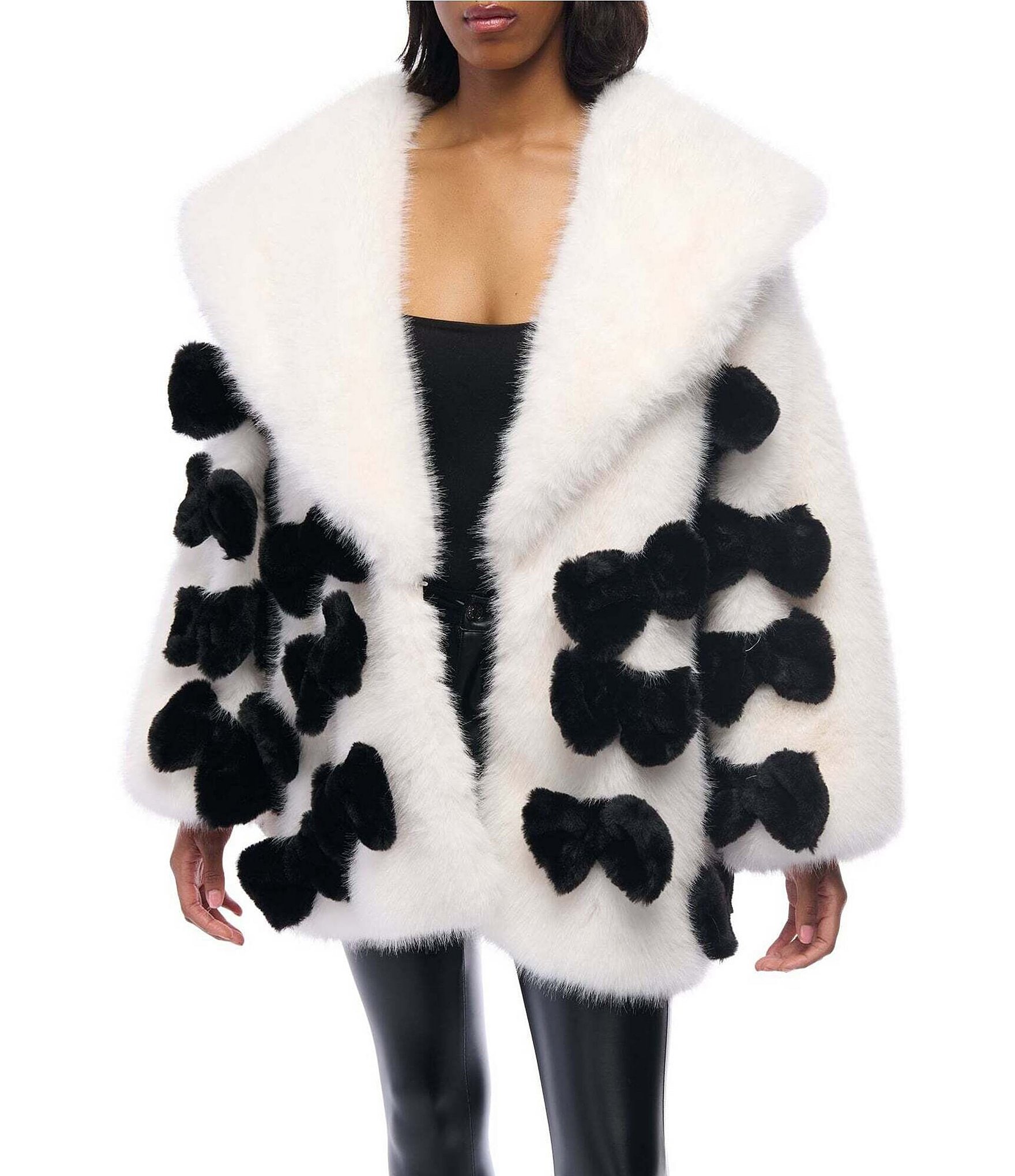 AZALEA WANG Annette Houndstooth Faux Fur Trim Coat Jacket Blazer Black shops White S