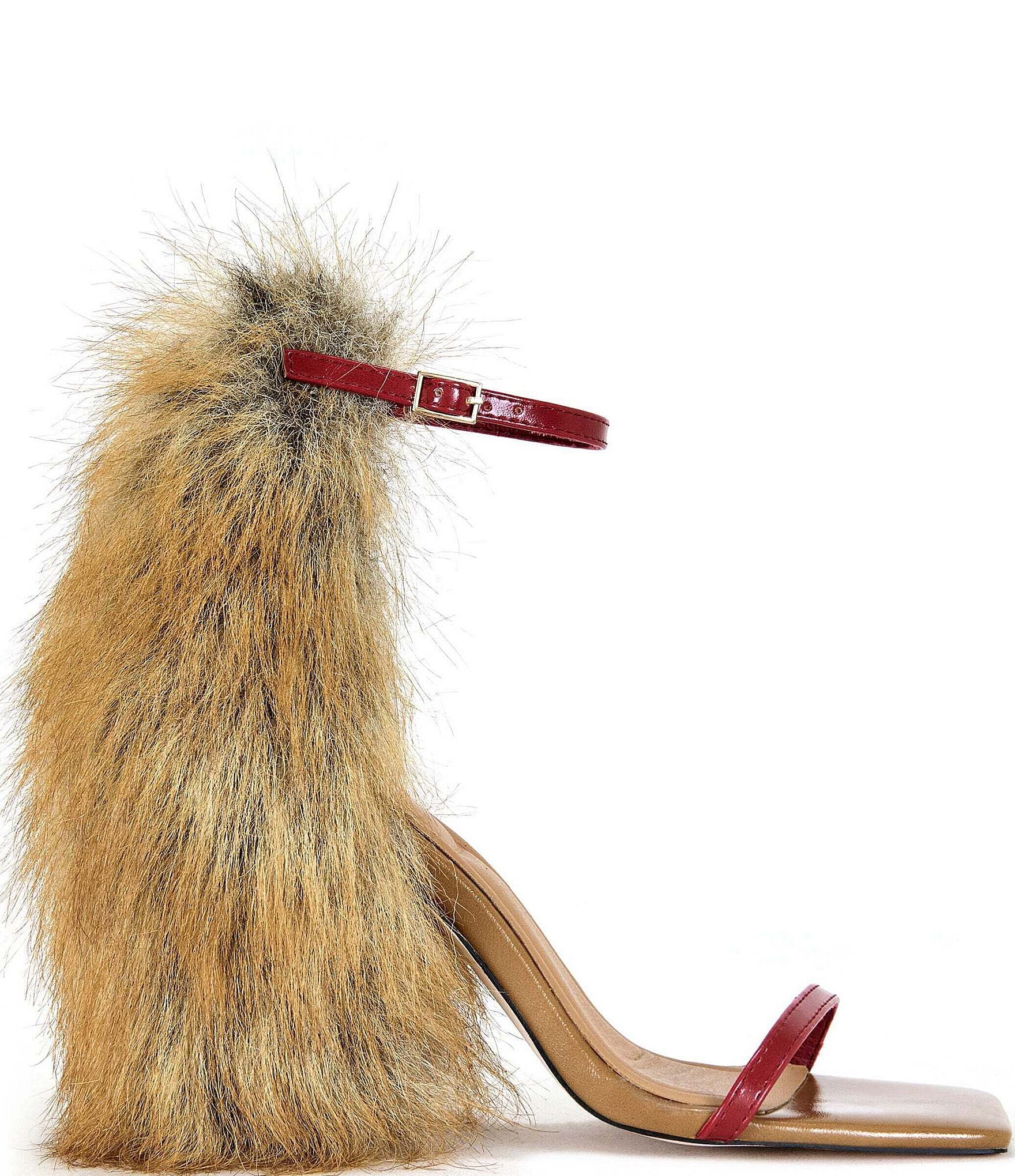 Azalea Wang Arette Red Fox Faux Fur Ankle Strap Sandals