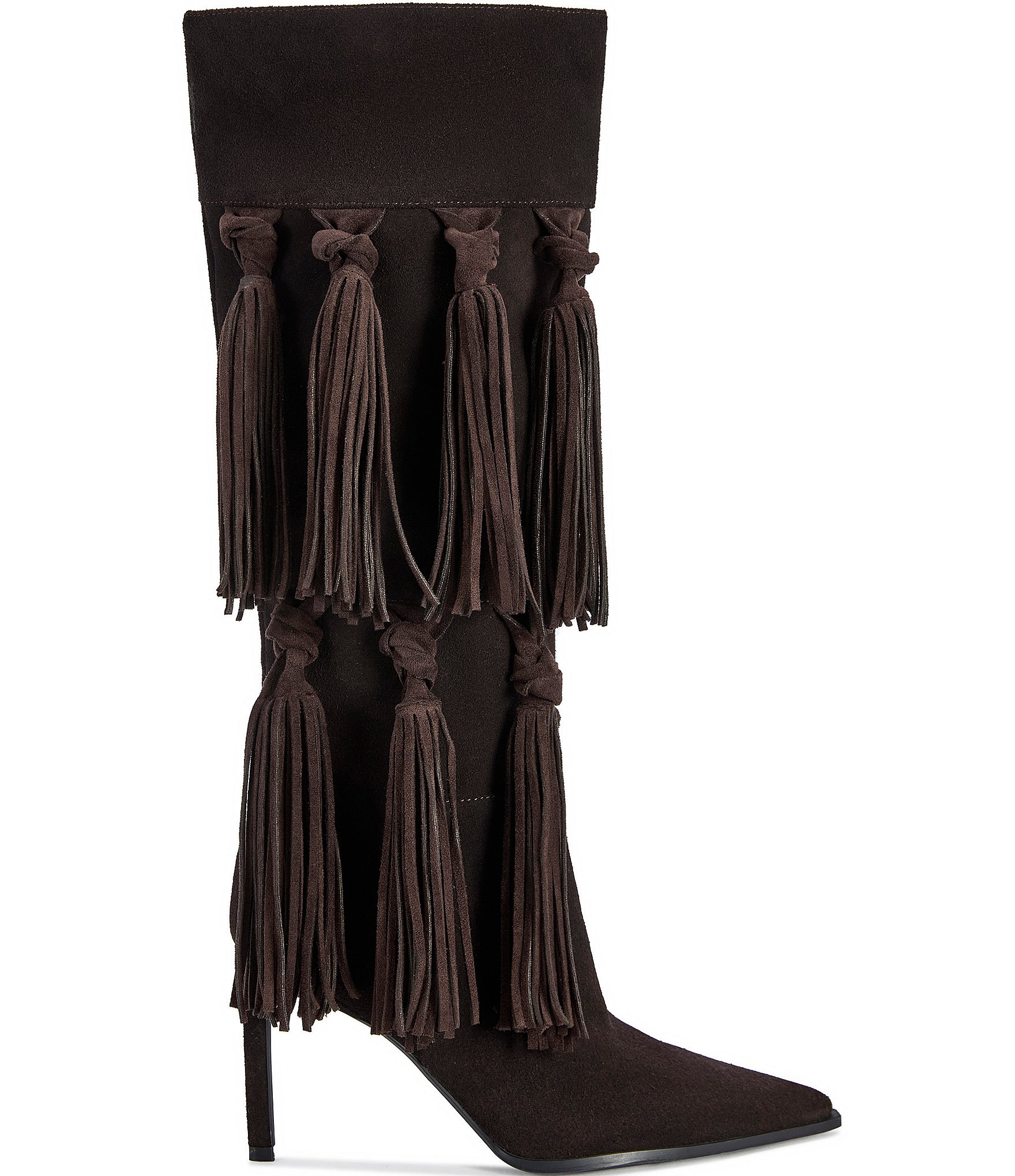 Azalea Wang Cabrera Suede Tassel Fringe Pointed Toe Tall Boots