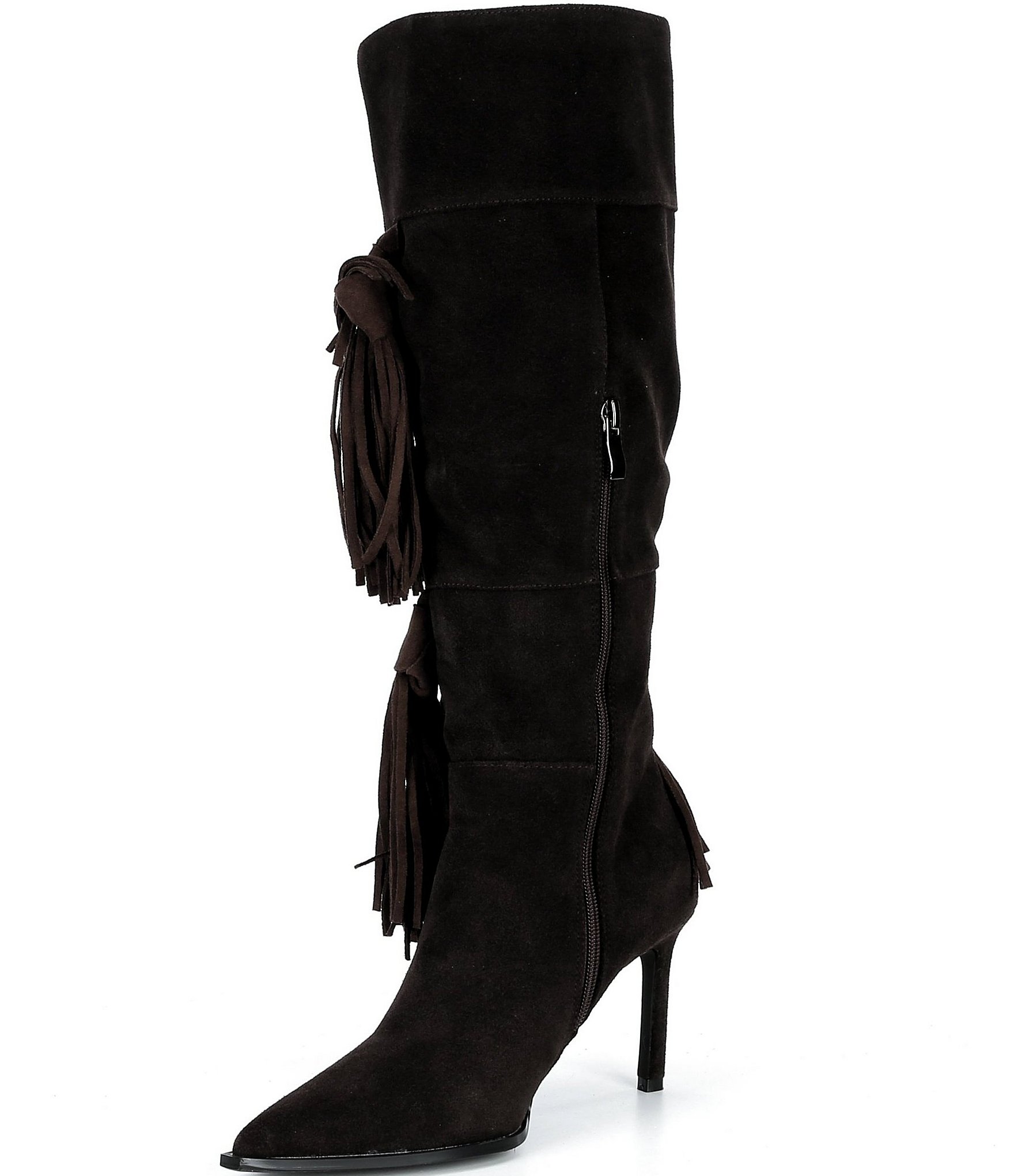 Azalea Wang Cabrera Suede Tassel Fringe Pointed Toe Tall Boots