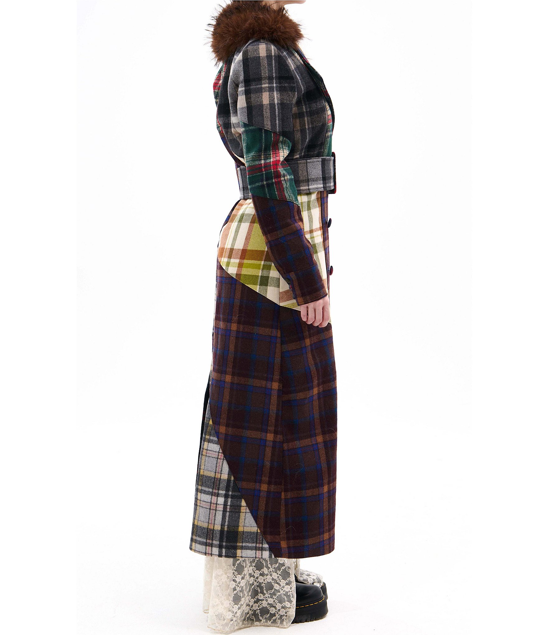 Azalea Wang Cadault Plaid Pattern Notch Lapel Belted Button Front Trench Coat