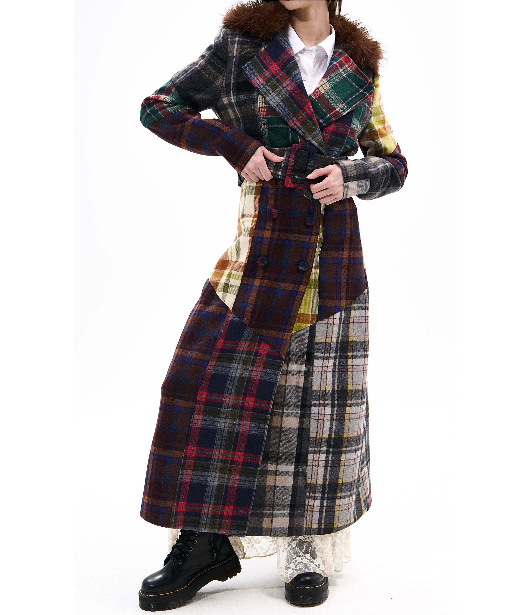 Azalea Wang Cadault Plaid Pattern Notch Lapel Belted Button Front Trench Coat