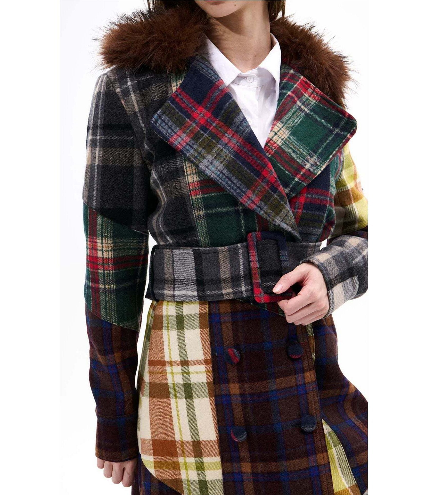 Azalea Wang Cadault Plaid Pattern Notch Lapel Belted Button Front Trench Coat