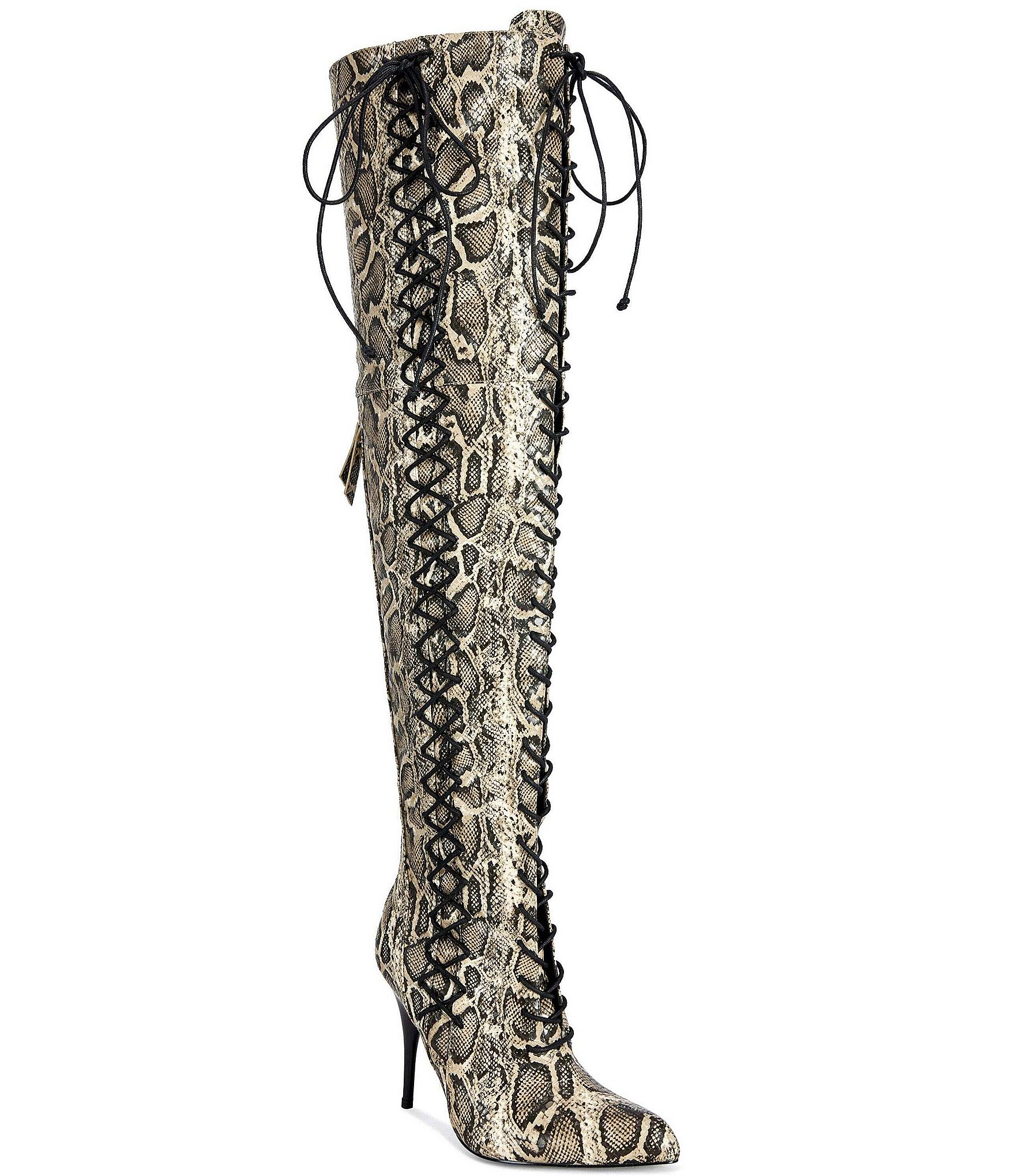 Azalea Wang Calyx Snake Print Laced Over The Knee Boots