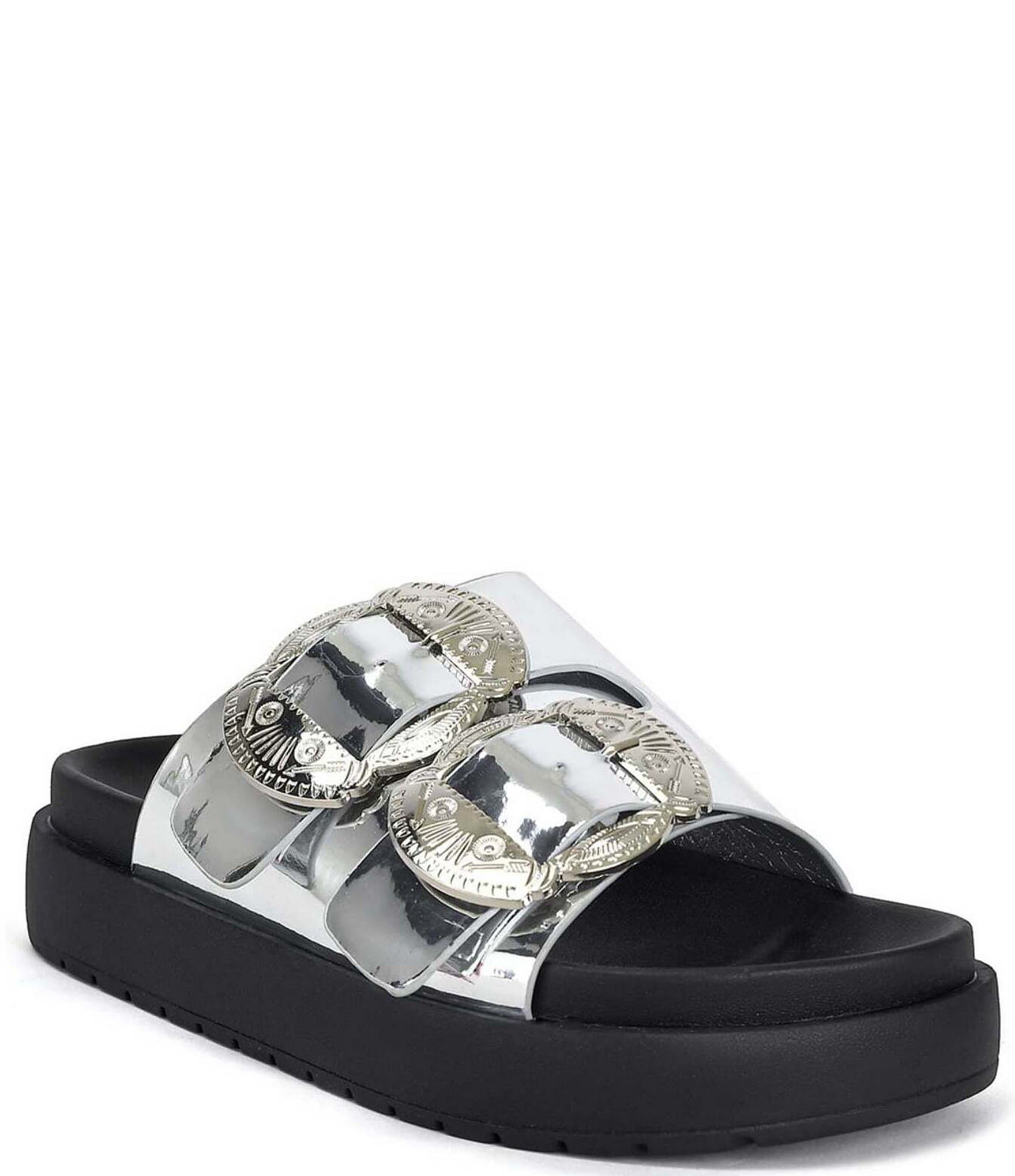 Azalea Wang Chantaye Mirror Metallic Western Buckle Platform Slide Sandals  | Dillard's