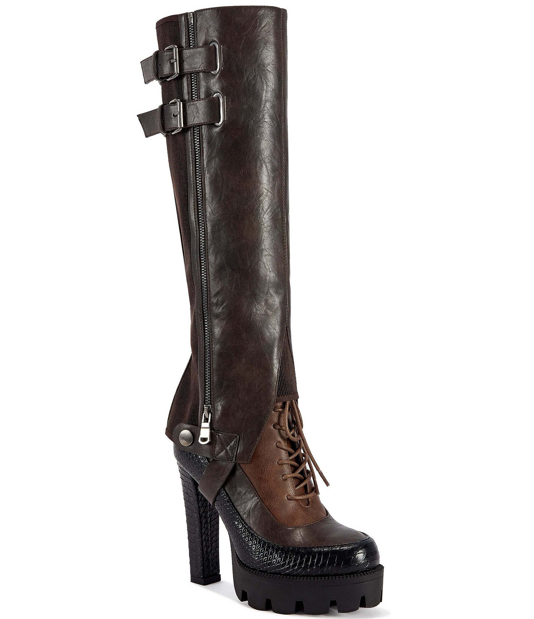 Azalea Wang Cinder Gater Shaft Snake Embossed Detail Lug Platform Tall Boots