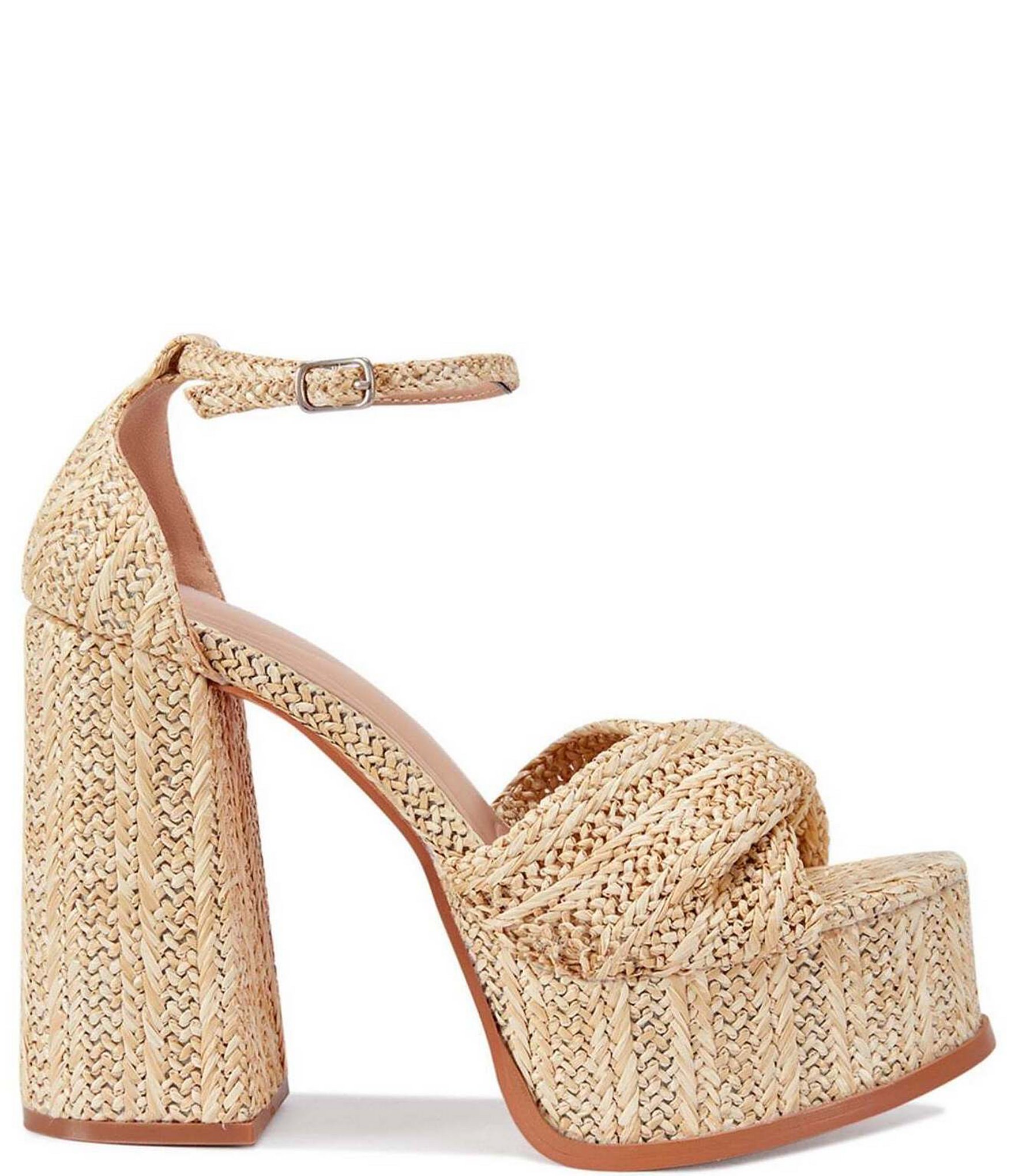 Azalea Wang Clary Raffia Ankle Strap Platform Block Heel Sandals