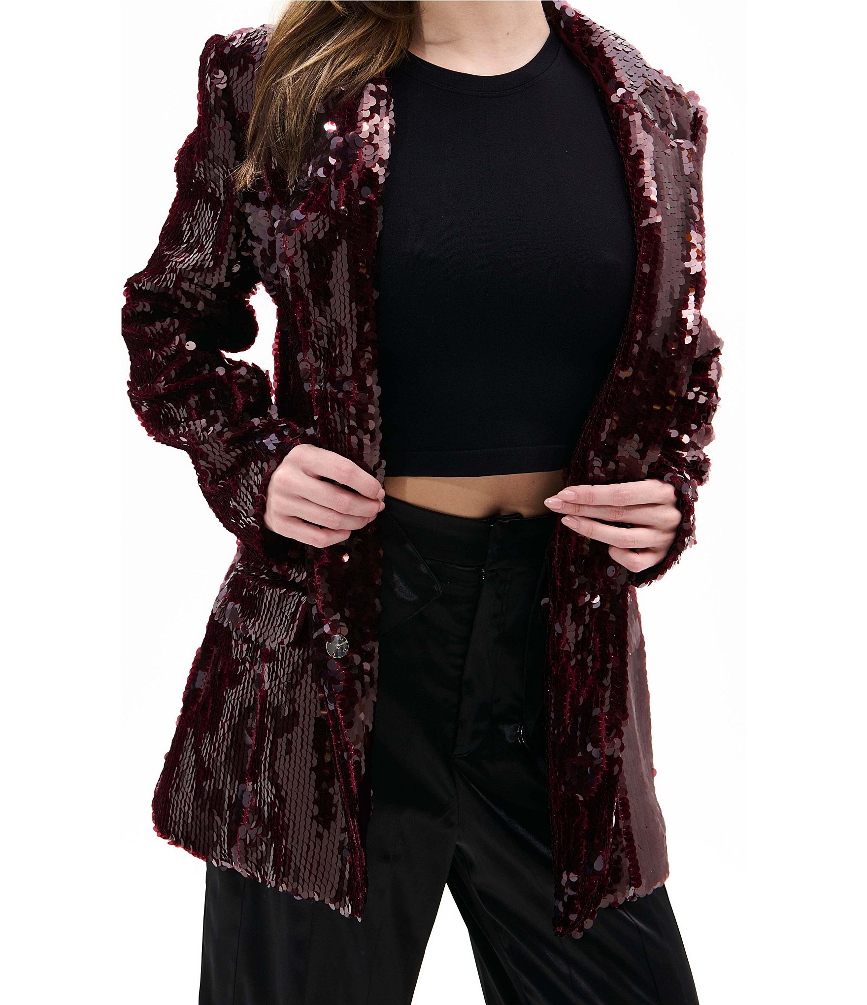 Azalea Wang Dubai Sequin Notch Collar Button Front Blazer
