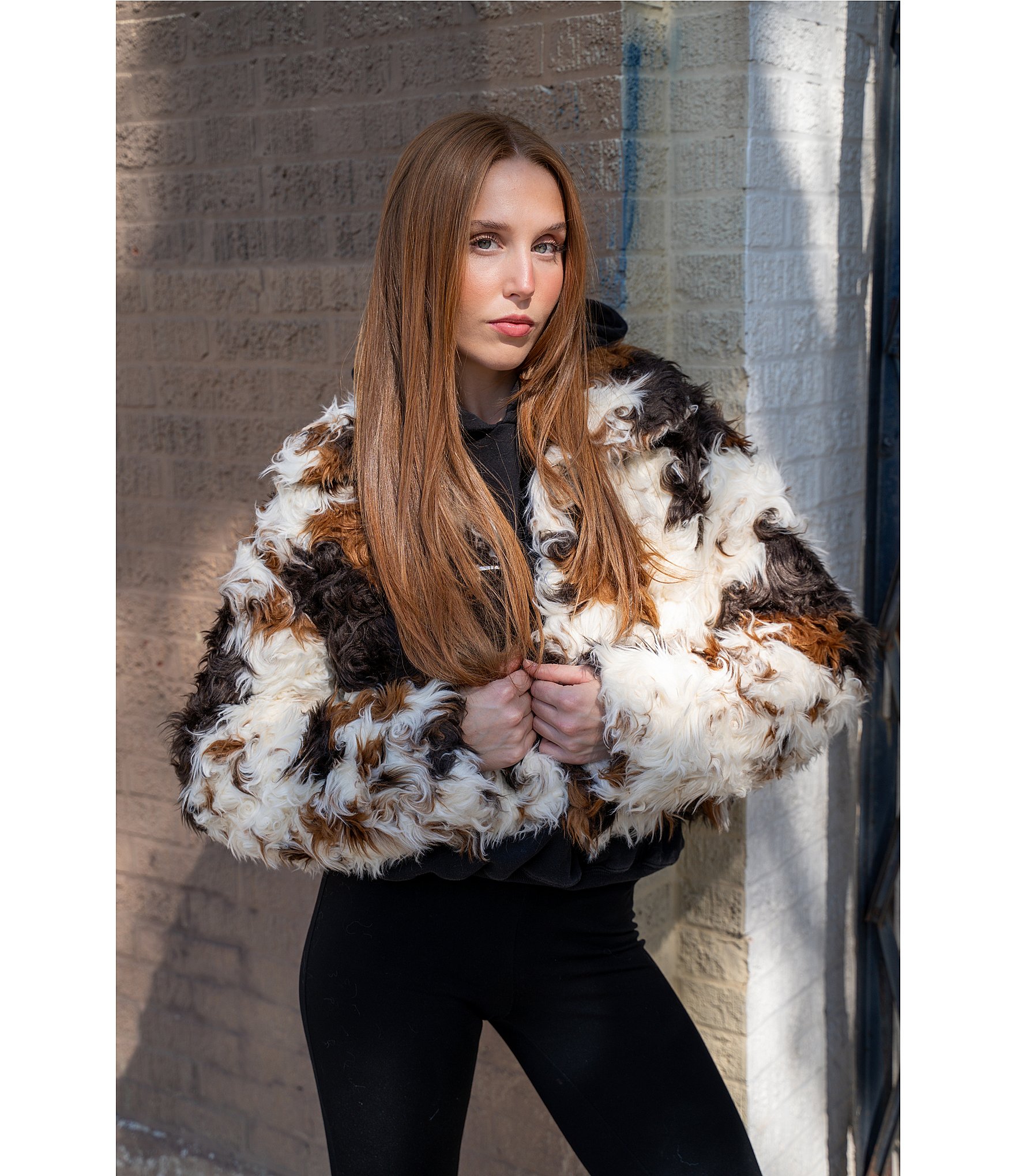 Azalea Wang Enora Cream Abstract Cow Print Sherpa Oversize Neck Zip Front Bomber Jacket